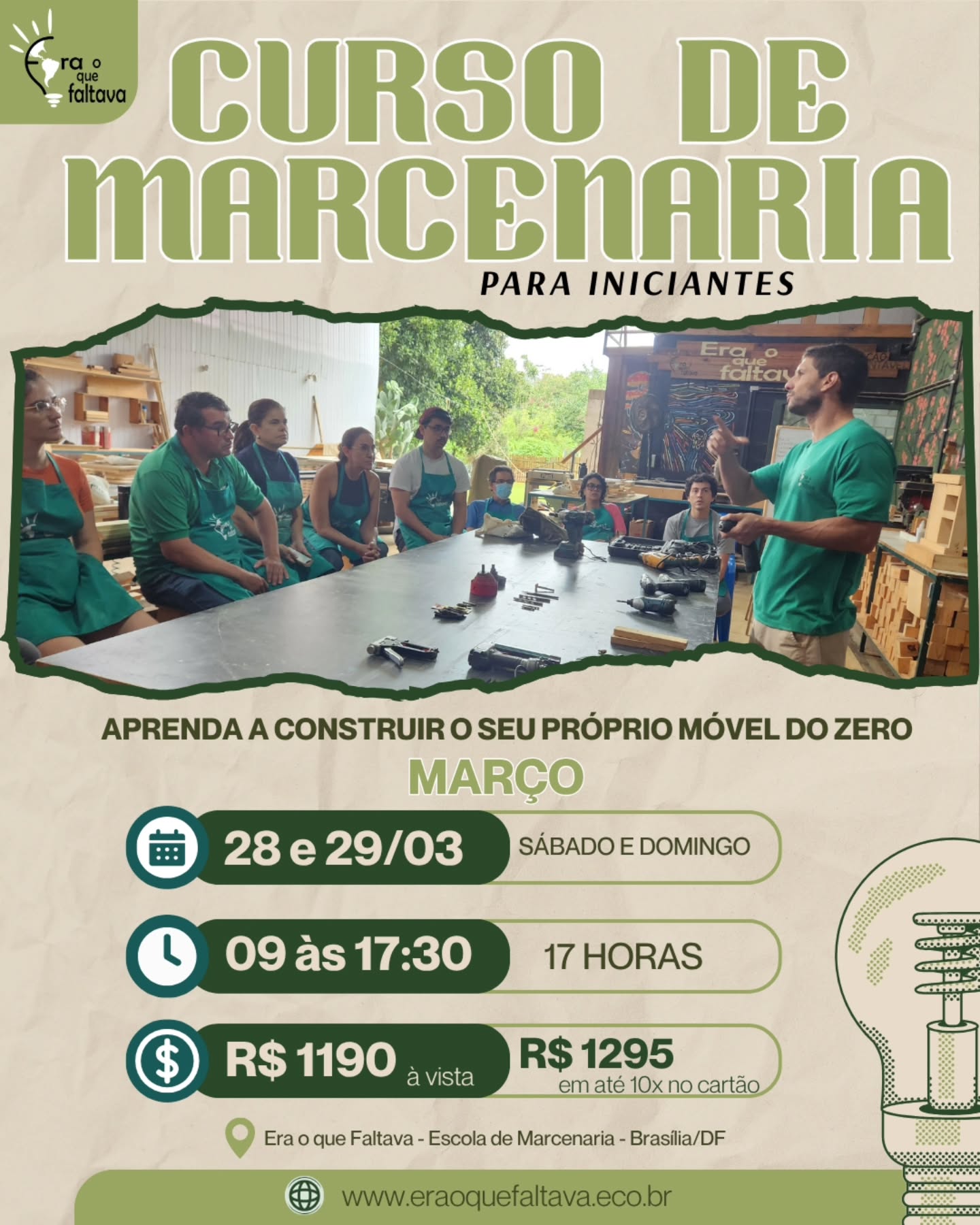 💭 Já pensou em aproveitar um final de semana pra sair da rotina e aprender algo completamente diferente e bem útil pra vida?
Muitas vezes ficamos imersos nas telas e nas preocupações do cotidiano e esquecemos o poder que temos em nossas mãos. A marcenaria é muito mais do que serrar madeira; é uma atividade ao mesmo tempo desafiante e terapêutica, que exige concentração, estimula a criatividade e proporciona um relaxamento profundo através do foco no processo, criando com as próprias mãos. 🛠️✨
No nosso curso de Marcenaria para Iniciantes, você vai descobrir que também é capaz de aprender essa poderosa habilidade e começar a se beneficiar do privilégio que é poder construir suas próprias soluções. 🪵💪
✍🏽 O que você vai viver nesses dois dias:
✅ Aprender sobre a madeira de pinus e outros materiais.
✅ Entender como começar a projetar suas futuras criações.
✅ Operar diversos maquinários necessários para o trabalho com a madeira, como plainas, serra de bancada, lixas, entre vários outros equipamentos muito úteis em diversas ocasiões.
✅ Dominar técnicas de marcenaria para começar a começar a construir seus próprios móveis se você quiser!
Tudo isso em um ambiente tranquilo, em uma chácara cercada de verde em Brasília, perfeito para deixar a criatividade fluir. Ao final, você terá montado o seu próprio móvel do zero e o levará para casa como símbolo da sua nova habilidade e autonomia adquirida! 💝.
📅 Quando: 28 e 29 de Março (Sábado e Domingo)
⏰ Horário: 09h às 17h30
💲 Investimento: R$ 1190 pix ou R$ 1295 em até 10x no cartão
📍 Onde: Era o que Faltava - Escola de Marcenaria - Incra 7, DF
Não é necessária qualquer experiência, e nem trazer nada! Você vai receber tudo aqui. Inclusive as refeições, que são feitas e servidas no próprio local, ajudando a deixar a experiência mais imersiva ainda!
E aí, animou? 🤩
Inscrições abertas! 🚀
As vagas são limitadas, então aproveite!!
📲 Acesse o nosso site pela Bio ou entre em contato diretamente com a gente por aqui se quiser tirar qualquer dúvida sobre o curso.
#eraoquefaltava #cursodemarcenaria #escolademarcenaria #marcenariacriativa #marcenariaparainiciantes