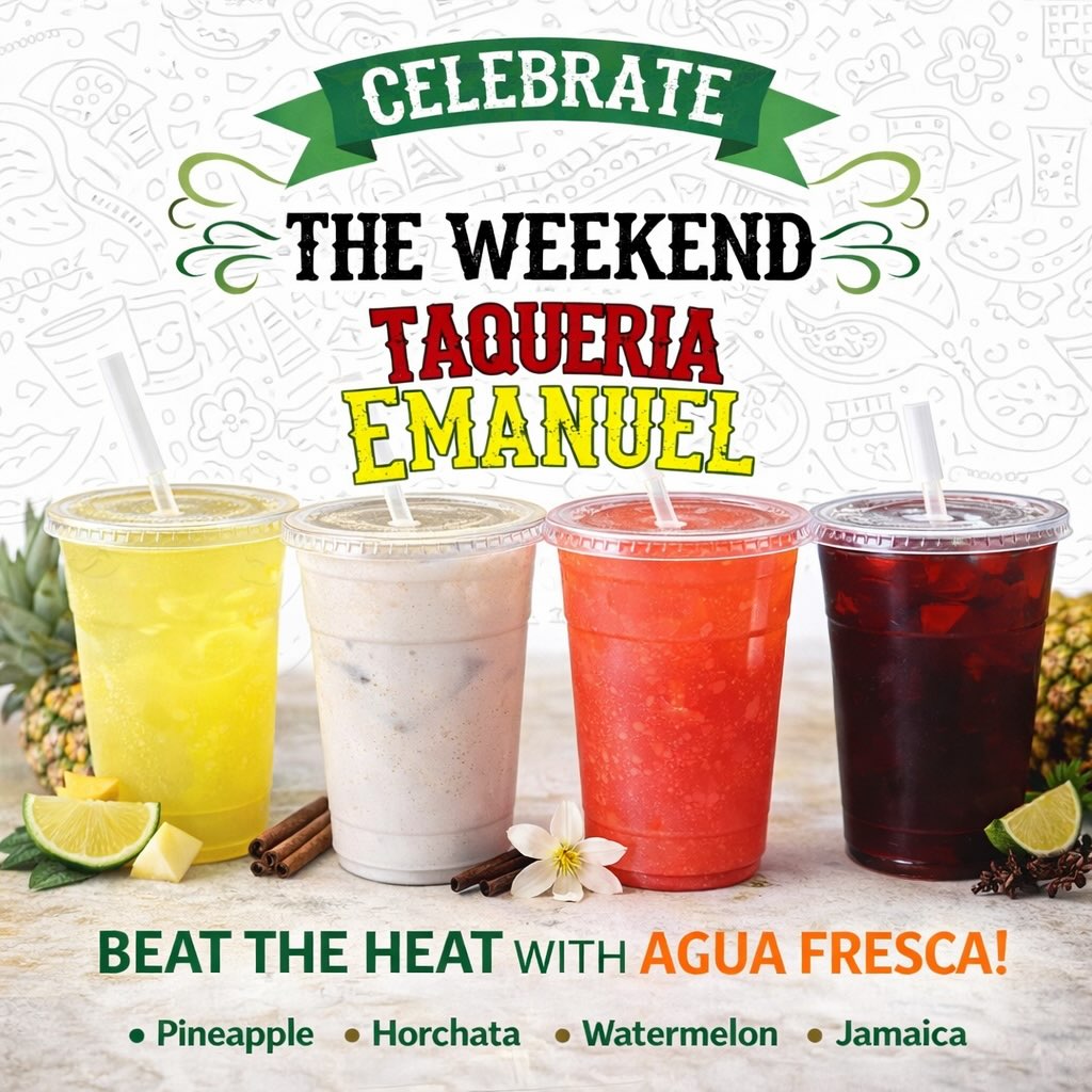 🔥 BEAT THE HEAT WITH AGUA FRESCA 🔥
Nothing hits like a cold, fresh agua fresca 😮🔥
Come cool off this weekend at Taqueria Emanuel
🥤 Available flavors:
• Pineapple 🍍
• Horchata 🥛
• Watermelon 🍉
• Jamaica 🌺
Fresh. Cold. Made daily.
📍 Stop by & refresh your day