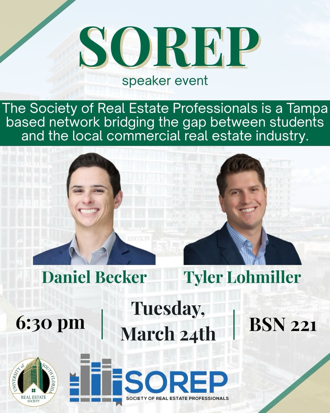 The USF Real Estate Society is excited to host the Society of Real Estate Professionals for our next speaker event featuring Daniel Becker and Tyler Lohmiller.
SOREP is a Tampa based network bridging the gap between students and the local commercial real estate industry. This event offers a unique opportunity to learn from industry leaders who are actively shaping the commercial real estate landscape in Tampa Bay. Whether you are looking to expand your professional network or gain a deeper understanding of current trends, this session provides the direct access needed to succeed in the field.
We look forward to seeing everyone there for a great night of networking and learning. Go Bulls!
🗓 Tuesday, March 24th
⏰ 6:30 pm
📍 BSN 221
🔗 Register now on Bulls Connect
#realestate #commercialrealestate #usf #realestatesociety #resusf