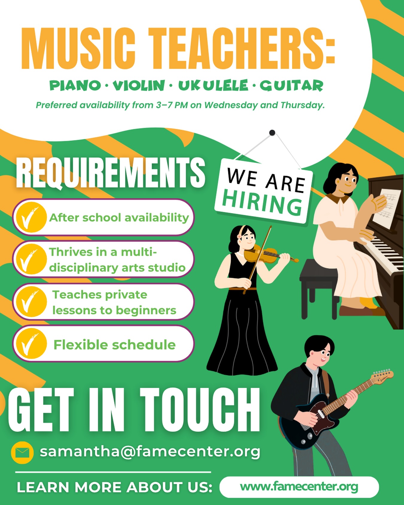 FAME Center is Hiring Music Teachers! 🎶
We’re looking for passionate instructors to join our team in Chicago’s South Loop!
Open Positions:
• Piano instructor
• Violin instructor
• Ukulele instructor
• Guitar instructor
📍 Location: 1319 S State St, Chicago, IL 60605
We’re looking for someone who:
• Has after-school availability
• Thrives in a multidisciplinary arts environment
• Is comfortable teaching beginner-level private lessons
• Has a flexible schedule
• Helps maintain a clean and safe space
Preferred availability: Wednesdays & Thursdays, 3–7 PM
Interested? Send your resume and cover letter to samantha@famecenter.org
#SouthLoopChicago #ArtsEducation #ChicagoArts #MusicTeachers #NowHiring