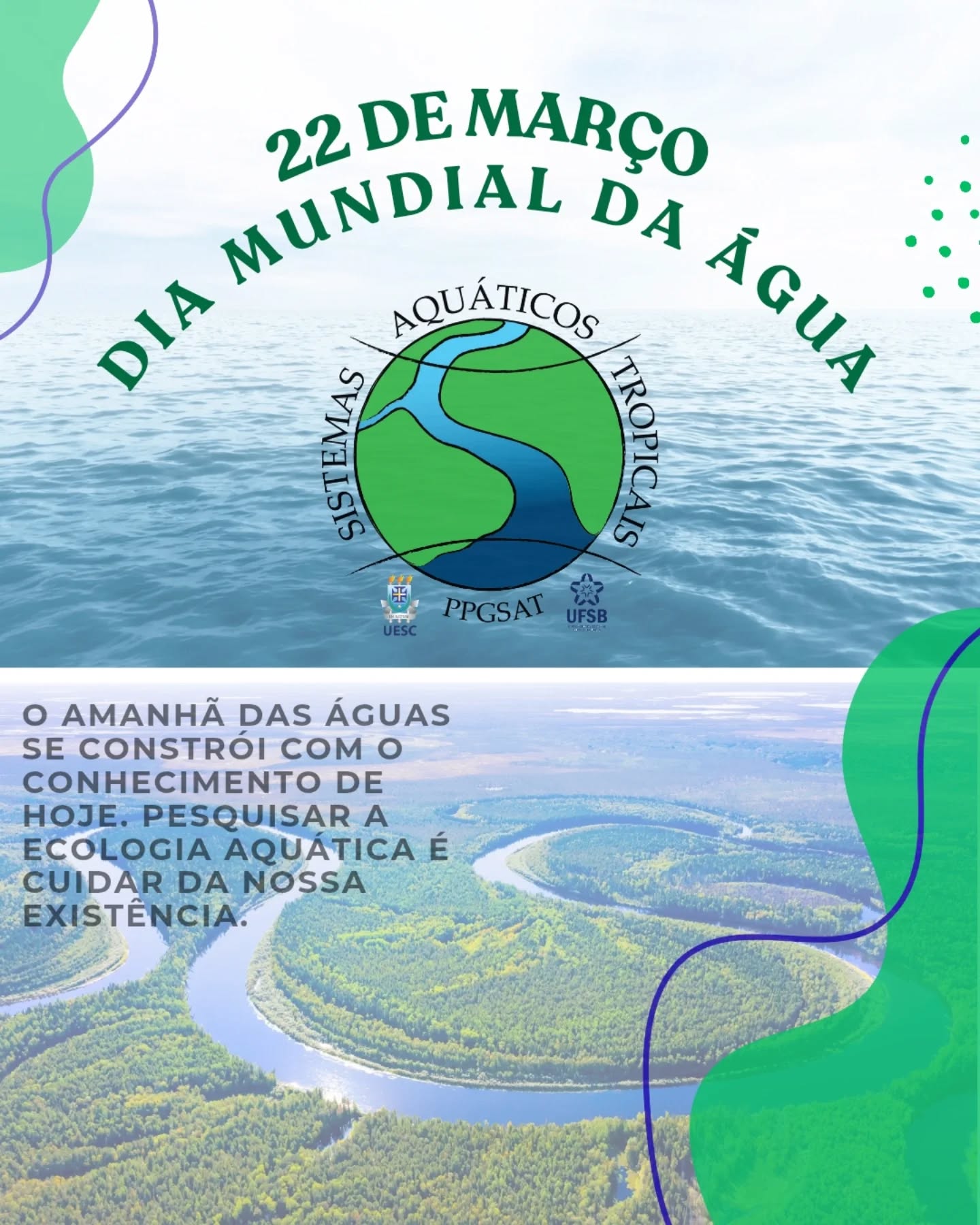 Hoje é Dia Mundial da Água, e no PPGSAT a ciência está em festa porque para a gente, falar de água é falar de vida, de descoberta e de futuro! 🌊🔬
Cada coleta em campo, cada dado analisado no laboratório e cada pergunta respondida pela pesquisa nos aproxima de um objetivo essencial: entender os ecossistemas aquáticos para protegê-los com base no conhecimento sólido que a ciência oferece.
Aqui, a gente sabe que preservação não é apenas intenção, é investigação, é método, é compromisso com a geração de conhecimento que sustenta decisões, políticas públicas e a relação da sociedade com a água.
E sabe o que mais anima? Cada nova descoberta abre portas para a gente cuidar melhor desse recurso que nos conecta a todos. 🌍💙
🔬 Pesquisa. Preservação. Futuro. É assim que a gente faz ciência no PPGSAT.