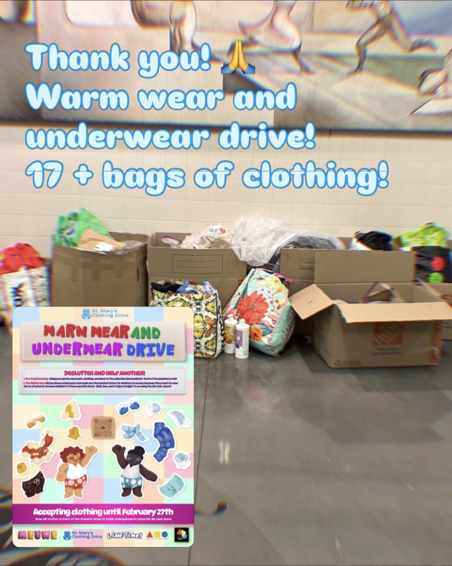 Just want to give a big thank you to everyone who donated warm weather clothing and underwear. We completed a pickup last weekend and collected over 17 bags, all of which were delivered to St. Mary’s to support those in need.
It was a huge success, and our community came together like it always does to help make the lives of those in need a little bit easier.
Your generosity truly makes a difference. Thank you so much, Art & Design community!
👏