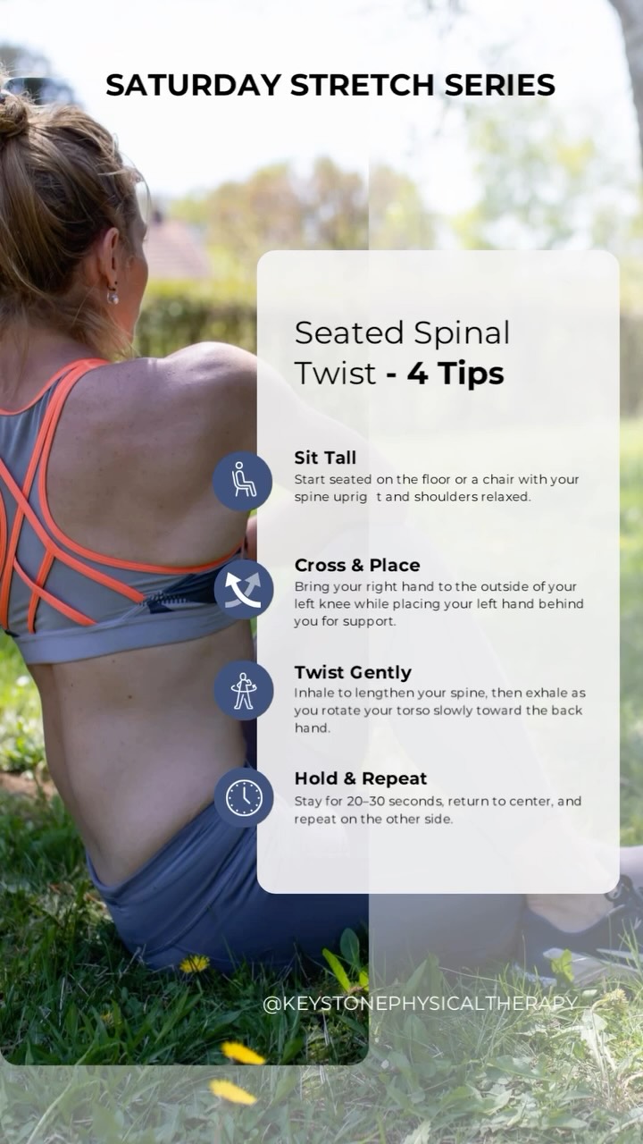 Give your spine a little love today 🤍
The Seated Spinal Twist is a simple way to improve mobility, ease stiffness, and reset posture — especially if you sit a lot during the day.
✨ 4 Tips for a Better Twist:
✔️ Sit tall before you rotate
✔️ Twist from your ribs, not just your shoulders
✔️ Keep both hips grounded
✔️ Move slowly and breathe — no forcing the stretch
Small movements done well make a big difference over time. Your spine loves gentle, consistent motion.
Save this for your next stretch break & follow along with our Saturday Stretch Series!
#PhysicalTherapy #SaturdayStretch #SpinalMobility #SeatedTwist #MoveBetterFeelBetter