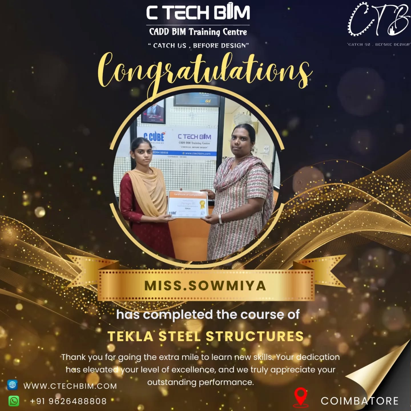 ๐ Congratulations to Miss Sowmiya! ๐โจ
We are proud to celebrate your successful completion of the Tekla Steel Structures Course at C TECH BIM Training Centre ๐
Your dedication, hard work, and commitment to learning have truly paid off. Wishing you great success in your career ahead! ๐
๐ก Start your journey with us and build your future in BIM & CADD technologies.
๐ Coimbatore
๐ +91 96264 88808
๐ www.ctechbim.com
#CTechBIM #Tekla #SteelStructures #StudentSuccess #Congratulations BIMTraining Coimbatore CareerGrowth EngineeringStudents SkillDevelopment