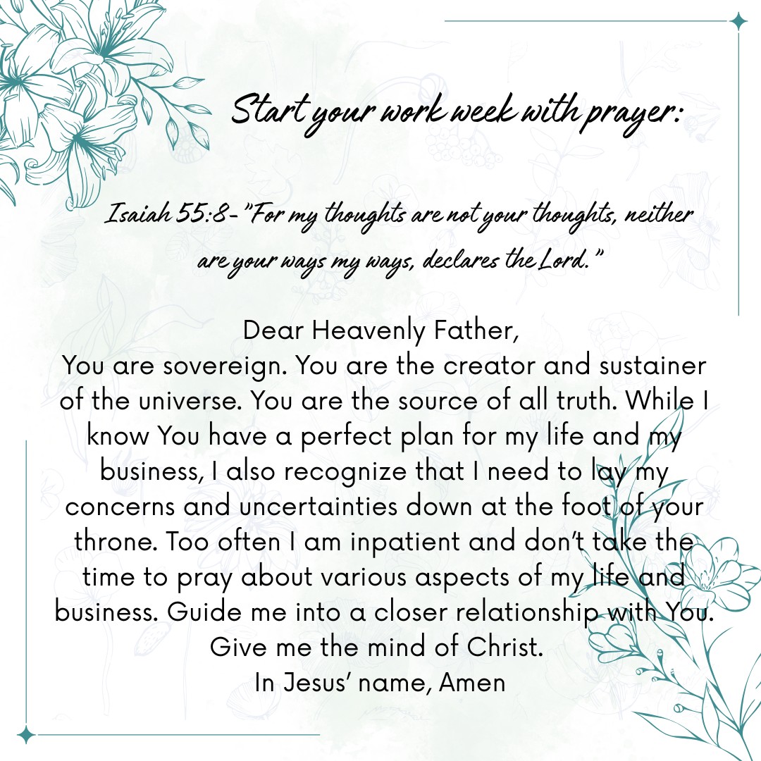 Be patient as you pray for your business. Remember, God's ways are not our ways.
#kingdommindset #femaleentrepreneur
#Businessprayers