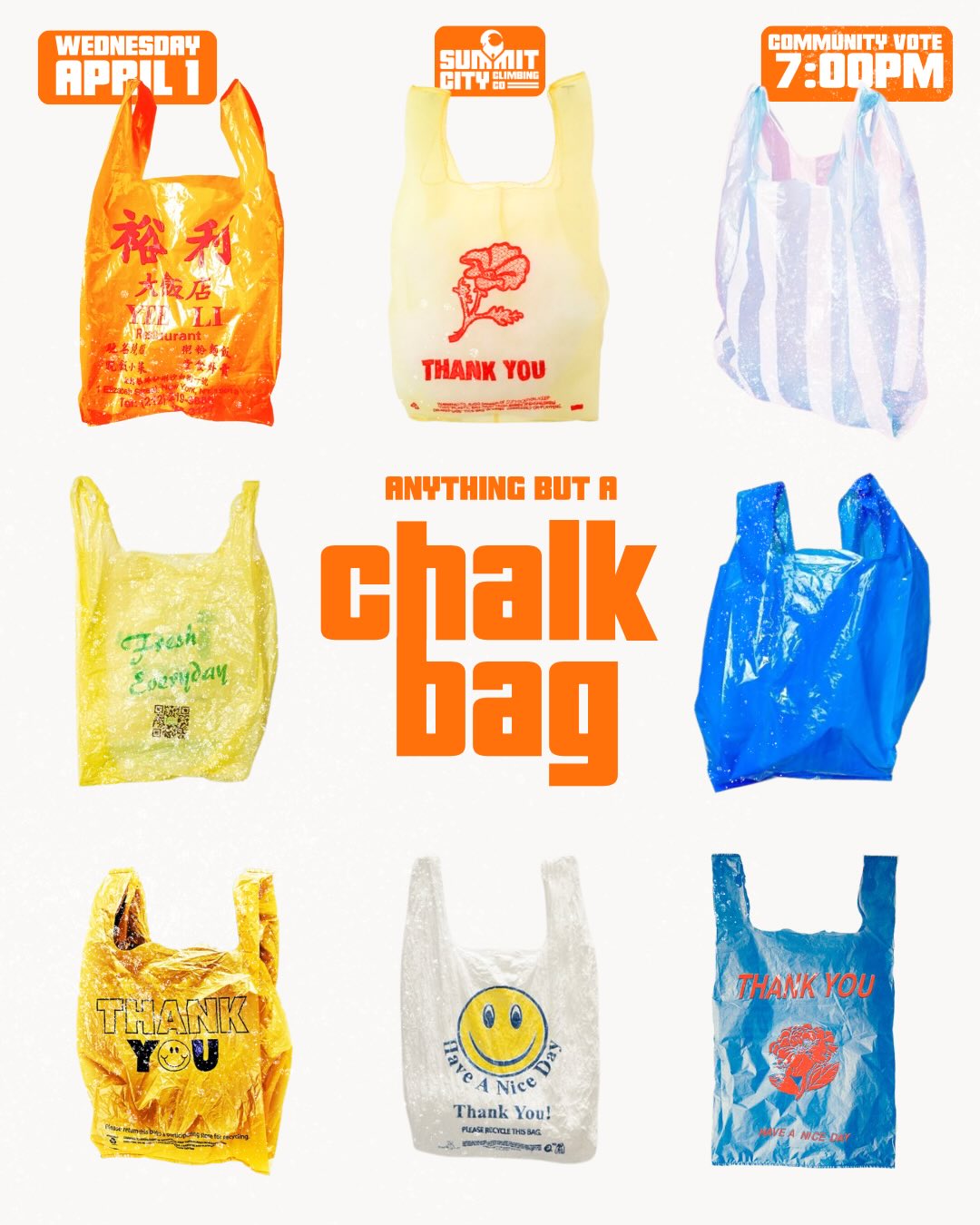 Our fan favorite event ANYTHING BUT A CHALK BAG is happening this year on April 1st (this is not a joke 😤). The rules are simple, bring ANYTHING (excluding chalk bags) to climb with!
Winner of the community vote will receive $50 in store credit!