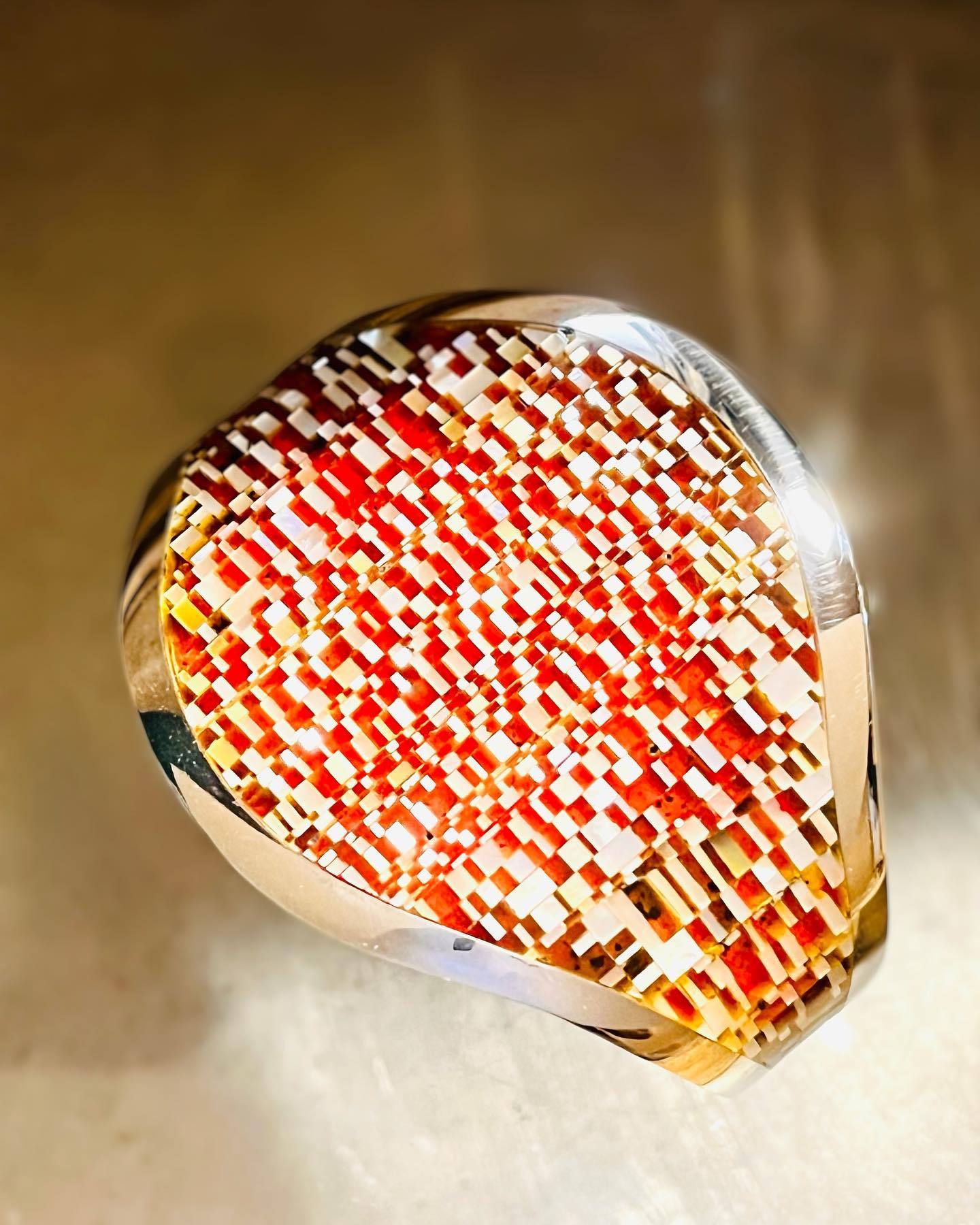 An epic bracelet with Black Lip Mother of Pearl and Amber in a Micro Inlay. One of my widest in Micro Inlay bracelets. The contrast and brilliance of this piece fulfills visions of my artistic journey. #bracelet #cuff #microinlay #inlay #motherofpearl #contemporary #nativeamerican #jewelry #colincoonsis