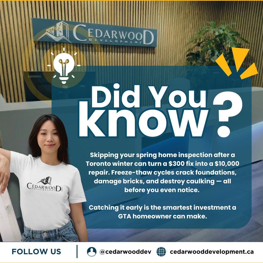 🌷 Did you know?
Most Toronto homeowners don't inspect their home after winter — and by summer, a small crack becomes a major repair.
At Cedarwood Development, we see it every spring. The fix is almost always simple and affordable when caught early.
👇 Save this. Share it with a neighbour. And if you want eyes on your property this spring — DM us or visit cedarwooddevelopment.ca
#CedarwoodDevelopment #TorontoContractor #DidYouKnow #SpringHomeMaintenance #GTAHomeowners #CDG #HomeRenovation #TorontoHomes #HomeTips #ContractorLife #SpringInToronto