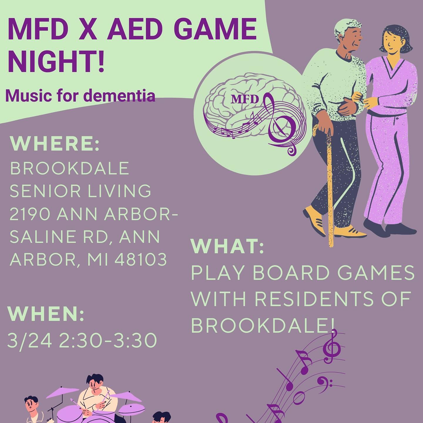 Come to MFD X AED game night at Brookdale Senior Living! Please sign up with the link sent via email. Can’t wait to see everyone there💜💚. #musicfordementia #dementiaawareness #alzheimers #seniorliving