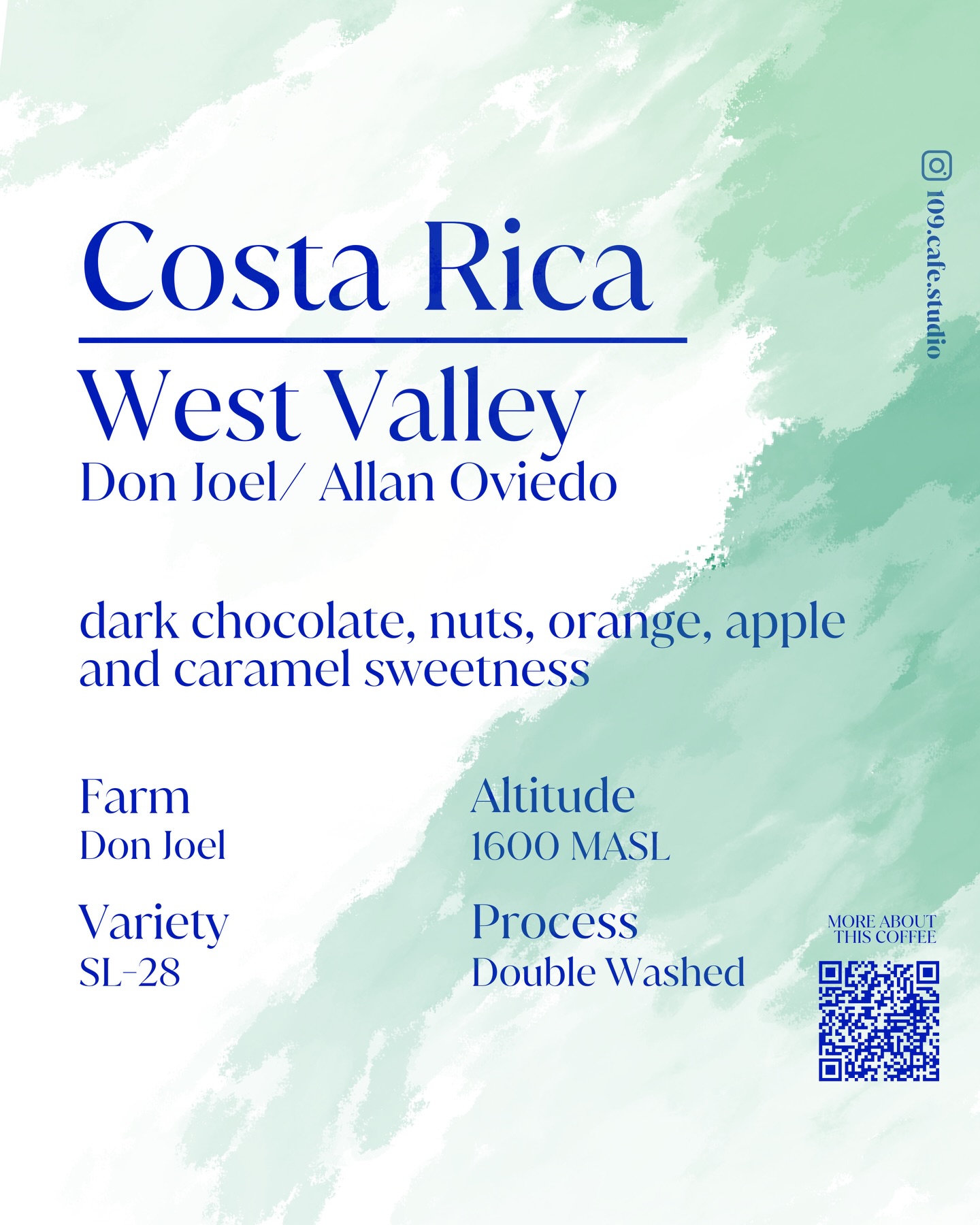 Costa Rica/ Don Joel/ SL-28/ Double Washed
Some coffees don’t need to shout to stand out.
Meet our new Costa Rica coffee 🇨🇷 from Don Joel.
If you are looking for a full-bodied, darker roast profile, this might be for you. I’m not usually a dark roast person, which is why we don’t often carry them at the studio, but this one changed my mind. It has been on my daily rotation this past week, and I keep coming back to it.
This SL-28 from Don Joel opens with a rich, smooth mouthfeel, layered with dark chocolate and caramel sweetness. As it cools, a gentle lift of orange and crisp apple brings balance and clarity, finishing soft, round, and quietly lingering.
Processed as a double washed coffee, it goes through an extra stage of washing in clean water, helping refine the cup and bring out a cleaner, more defined structure.
Dark Chocolate 🍫 · Caramel 🍮 · Orange 🍊 · Apple 🍎