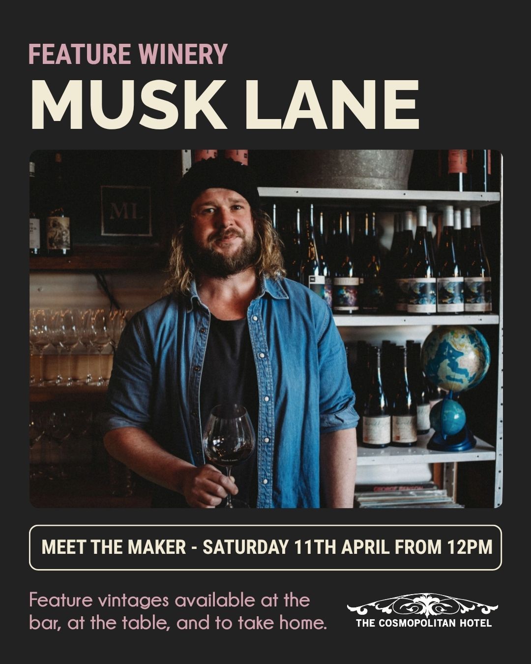 Brendan from @musklanewine has been making wine in the Macedon Ranges for over a decade, and we're lucky enough to call him a friend of The Cosmo. This month he's our featured producer, with Musk Lane Fiano and Champ Rouge available by the glass at the bar, at the table, and to take home through the Cellar & Store.
Brendan will be here in person on Saturday 11 April from 12–4pm to host a complimentary tasting and share the stories behind his wines. No bookings needed, stop by, taste, and stay for the live music (3-5pm).
#musklane #macedonrangeswine #cosmotrentham #trenthamvictoria #thecosmopolitanhotel
