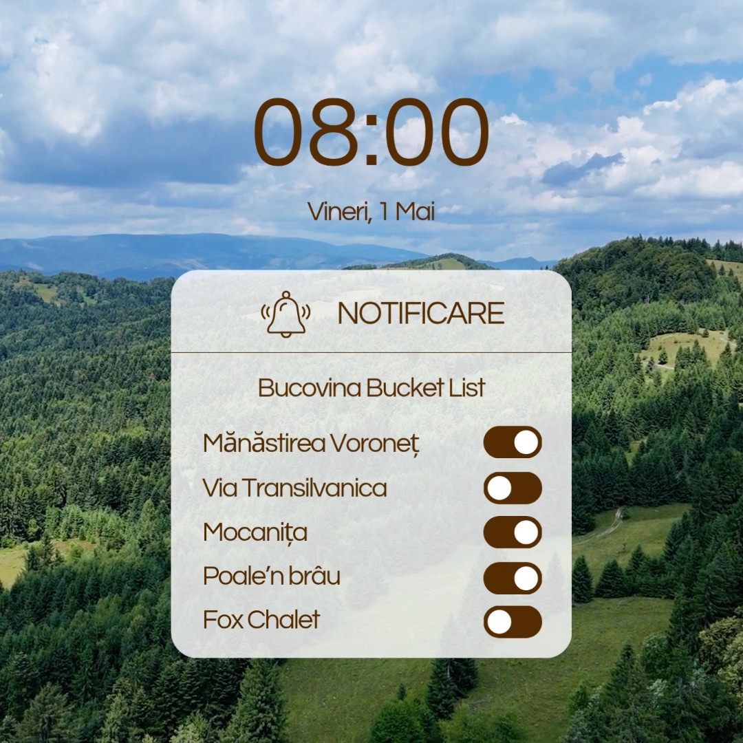 🇷🇴
Plănuiești o excursie de 1 mai în Bucovina? Salvează această postare pentru "the ultimate Bucovina Bucket List."
1. Admiră celebrul „Albastru de Voroneț."
2. Parcurge o porțiune din Via Transilvanica — o zi spre Sadova, o zi spre Sucevița.
3. Întoarce-te în timp cu Mocănița.
4. Mănâncă Poale'n Brâu.
5. Relaxează-te la Fox Chalet — saună, ciubăr, masaj și timp pentru reconectare.
Pe care o alegi prima dată? Spune-ne în comentarii.
📍 Molid, Bucovina
📞 0766649645
#BucovinaBucketList | #ViziteazăRomânia | #GhidDeCălătorie | #LocuriAscunse | #RomâniaMagică | #ViaTransilvanica | #Mocănița | #FoxChalet | #ObiectiveCălătorie | #SlowTravel