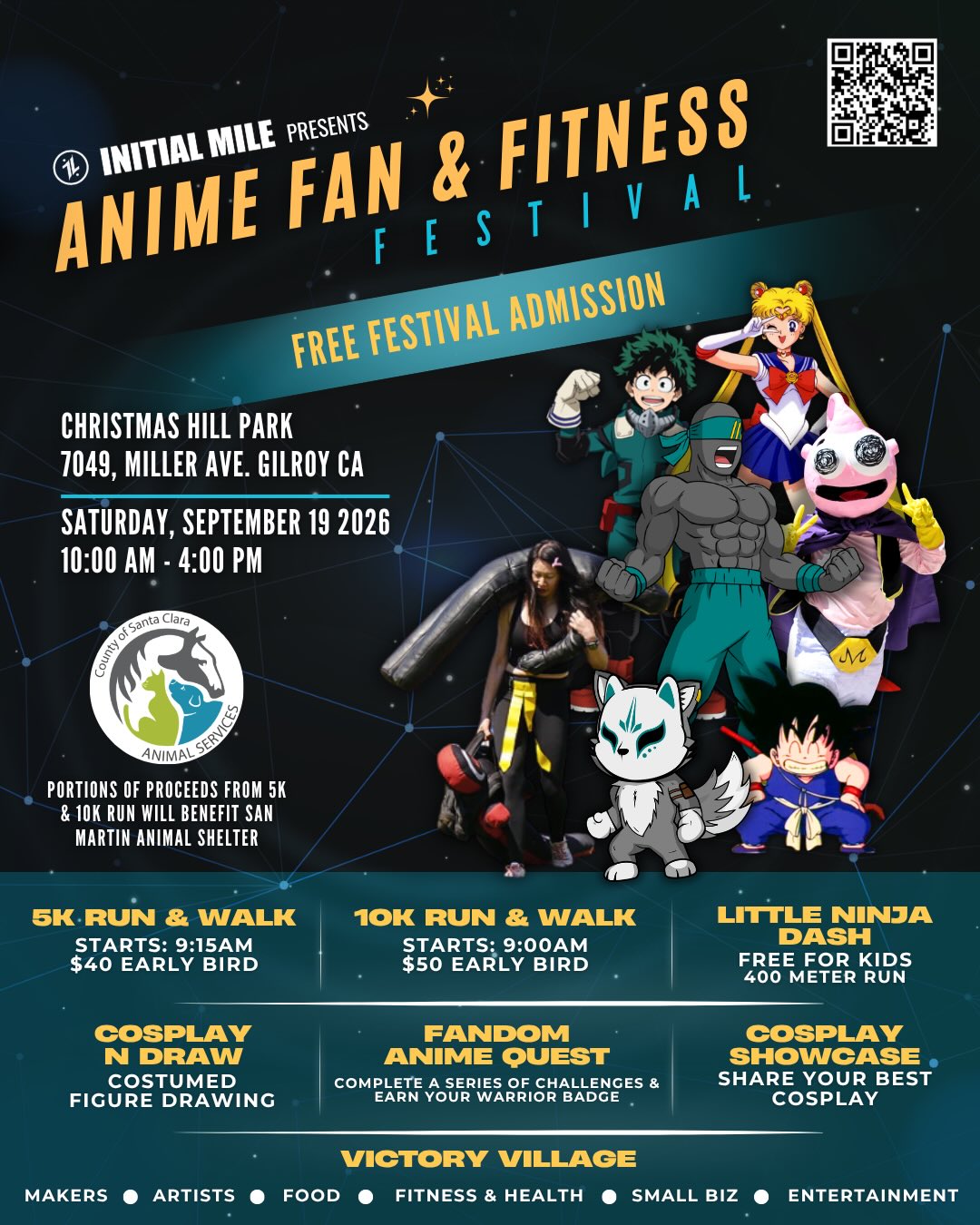 Join us at Christmas Hill Park in Gilroy CA on Saturday September 19 for our 2nd Annual Anime Fan & Fitness Festival and it’s leveling up!
What to expect:
5K & 10K Run benefitting the San Martin Animal Shelter
Little Ninja Dash
Fandom Anime Quest fitness stations
Cosplay Showcase
Victory Village
Family friendly activities and entertainment
Whether you’re a runner, fitness enthusiast, cosplayer, anime fan, or just here for the vibes, this event is for you!
NOW ACCEPTING APPLICATIONS!
Vendors
Performers
Volunteers
If you want to be part of this growing community celebration, now’s the time!
Link in bio to apply & learn more
Big thank you to our sponsors, @anyyums_official @the.baking.connection and D.Kumar for leveling up the race, entertainment and festival vibes!
Special shoutout to @cosplayndraw for hosting our cosplay drawing event and to our Fandom Anime Quest team @garlic_city_hybrid_training @xiosfitness @hscgym @teaminfernocosplay and @ironhouserabbit for bringing the anime verse to our festival. Be sure to visit each station to take on each anime inspired movement challenge and earn your Initial Mile badge!