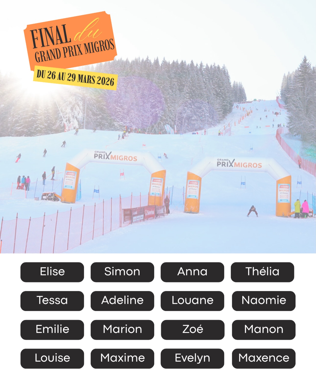 Bravo à nos athlètes qualifiés pour la finale du Grand Prix Migros 2026 à Crans-Montana ! 🎉
Un immense bravo à tous ceux qui ont donné leur maximum et ont brillamment réussi à se qualifier pour cette grande finale ! 🏆💪
Nous sommes fiers de vous soutenir et impatients de vous voir vous confronter contre les meilleurs lors de cette compétition de grand envergure ! 🏔️✨
Venez profiter de cet événement unique, c’est le moment de découvrir de jeunes talents, de soutenir vos sportifs favoris et de vivre des moments inoubliables en famille ou entre amis. 🙌🎯
#bravo #grandprixmigros2026 #cransmontana #athletes #proudteam