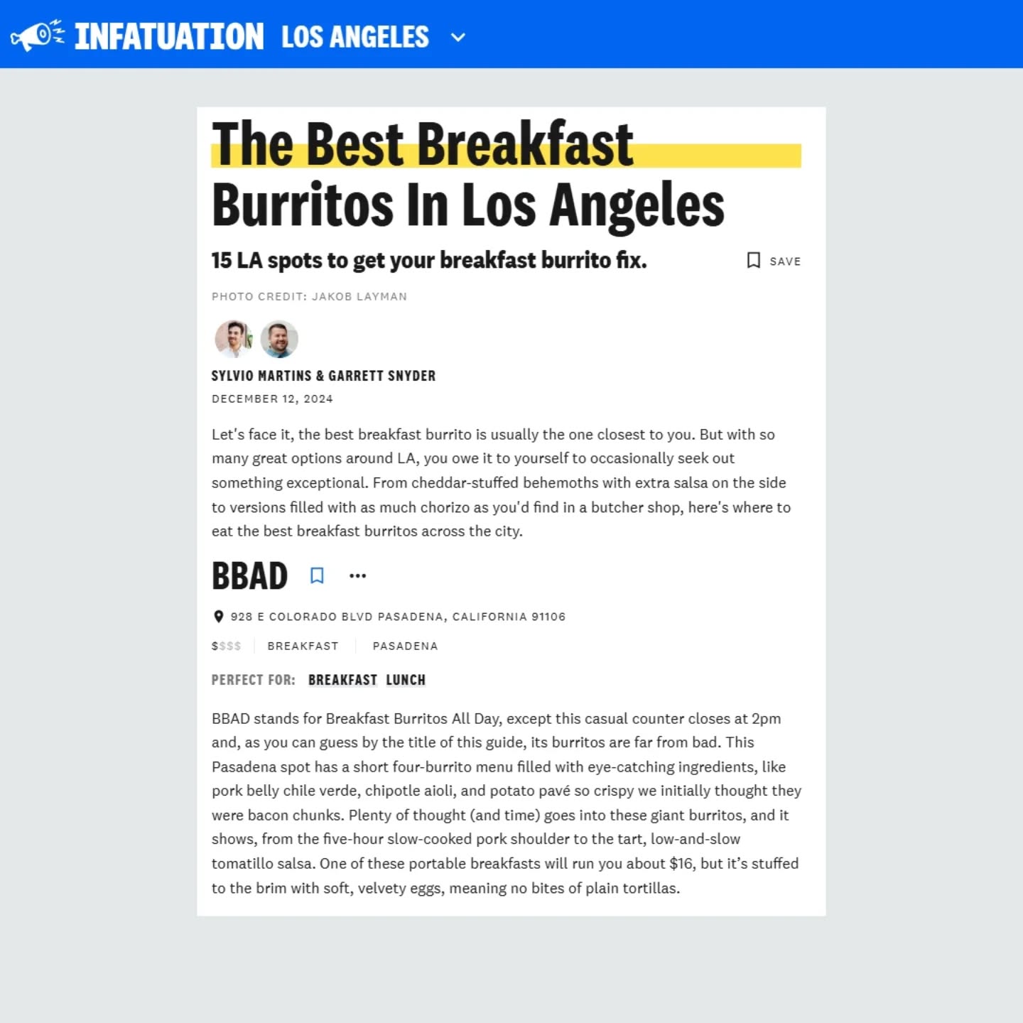 Honored, grateful, and honestly still a little shocked!
Infatuation LA—one of the most respected restaurant review sites—highlighted bbad at the top of their lists for:
-BEST BREAKFAST BURRITOS IN LA
-THE HIT LIST LA
-BEST RESTAURANTS IN PASADENA
-8 POINT REVIEW (out of 9)
"Truly Excellent. An 8 should be on your must-try list, because 8s are great. These spots are worth making an effort or crossing town for."
"The Basic Bae-con is elevated, not basic. The undisputed star of this burrito is its crispy potato pavé that packs a loud crunch. Think of this burrito as a BEC stuffed with spicy aioli-drizzled patatas bravas."
https://www.theinfatuation.com/los-angeles/guides/best-breakfast-burritos-in-la
https://www.theinfatuation.com/los-angeles/guides/best-new-los-angeles-restaurants-hit-list
https://www.theinfatuation.com/los-angeles/guides/best-restaurants-pasadena
https://www.theinfatuation.com/los-angeles/reviews/bbad