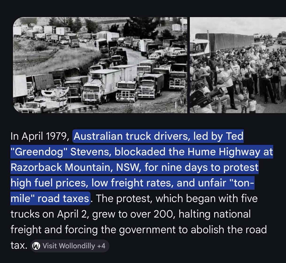 At what point are we forced to have a repeat of the 1979 Razorback blockade? Do Australian truckies have the balls like Ted did in 1979!