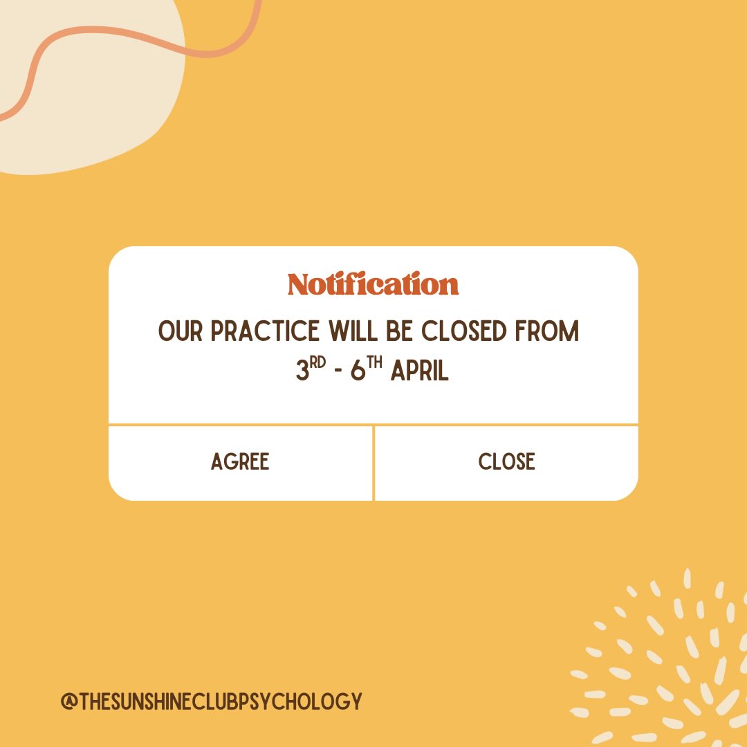 As we head into the Easter long weekend, we’re encouraging everyone to take a moment to rest and recharge 🧠✨
Our practice will be closed from 03/04 and will reopen on the 07/04
- The Sunshine Club 🐣☀️