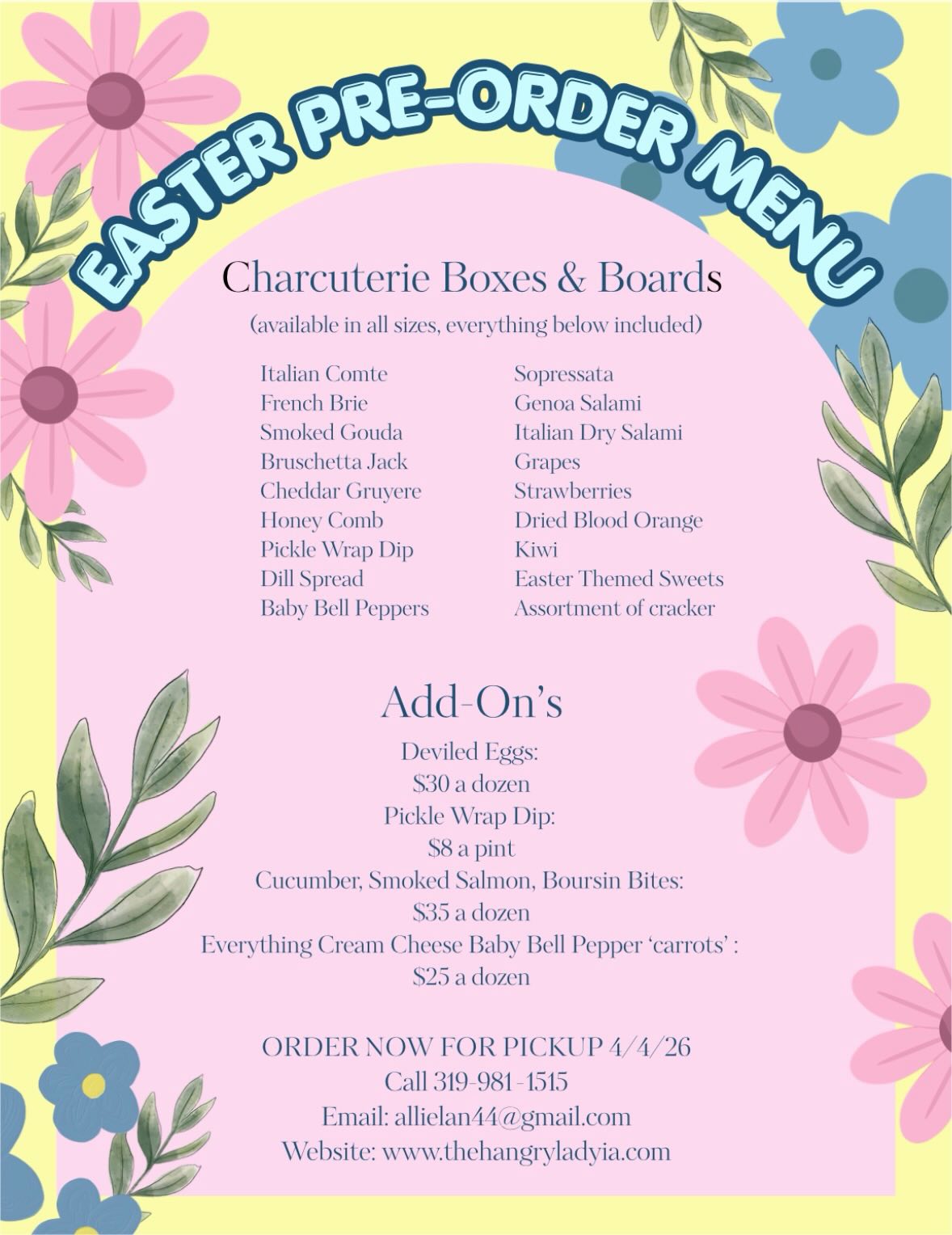 We here to help make it a Hoppy Easter🐣
Pre-Order your Easter goodies now💕
Website: www.thehangryladyia.com
Call: 319-981-1515