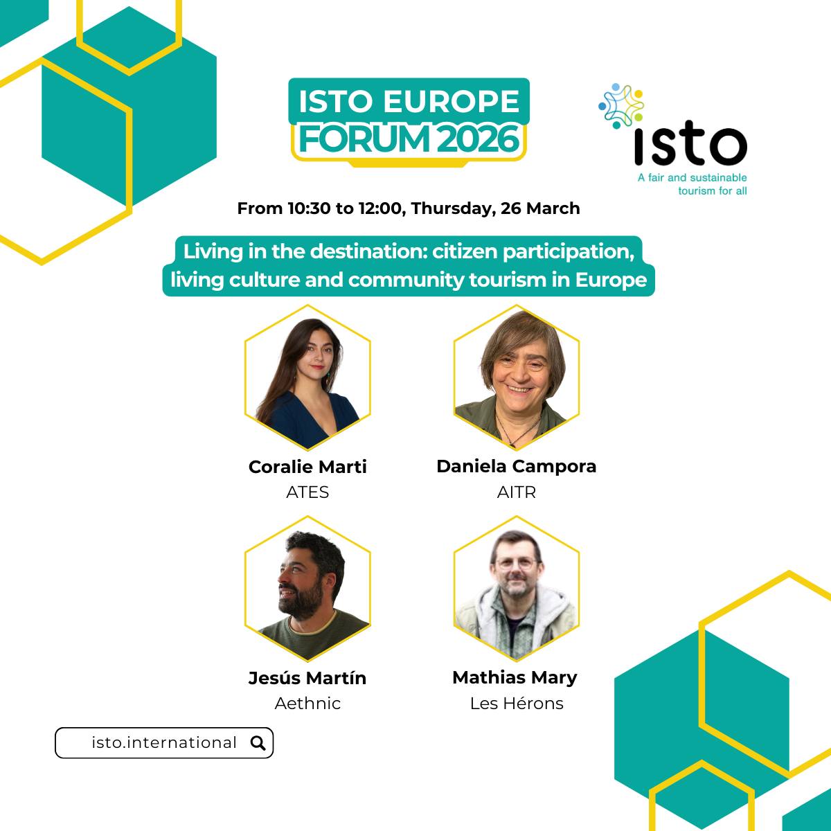 Entra nel vivo il Forum ISTO Europa 2026 ✨
Tra i protagonisti anche Daniela Campora, Vicepresidente AITR, intervenuta nel panel
🎤 “Vivere nella destinazione: partecipazione dei cittadini, cultura viva e turismo comunitario in Europa”
In un’Europa sempre più segnata da overtourism e gentrificazione, cresce il bisogno di un turismo più giusto, autentico e radicato nei territori.
💡 Le iniziative delle comunità locali stanno già tracciando la strada: collettivi, associazioni e cooperative che rimettono al centro le persone e la cultura viva dei luoghi.
A moderare il panel Coralie Marti (@tourismeequitable ), insieme a relatori da tutta Europa:
🔹 Jesús Martín – @aethnic
🔹 Mathias Mary – Association Les Hérons