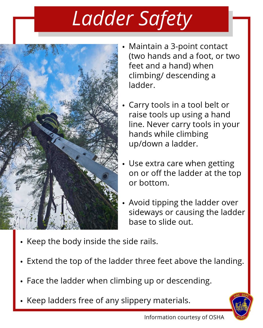 Whether you are starting your spring cleaning by washing windows or cleaning out gutters, follow these ladder safety tips to stay safe this spring season.
#AtholFire #ladder #laddersafety