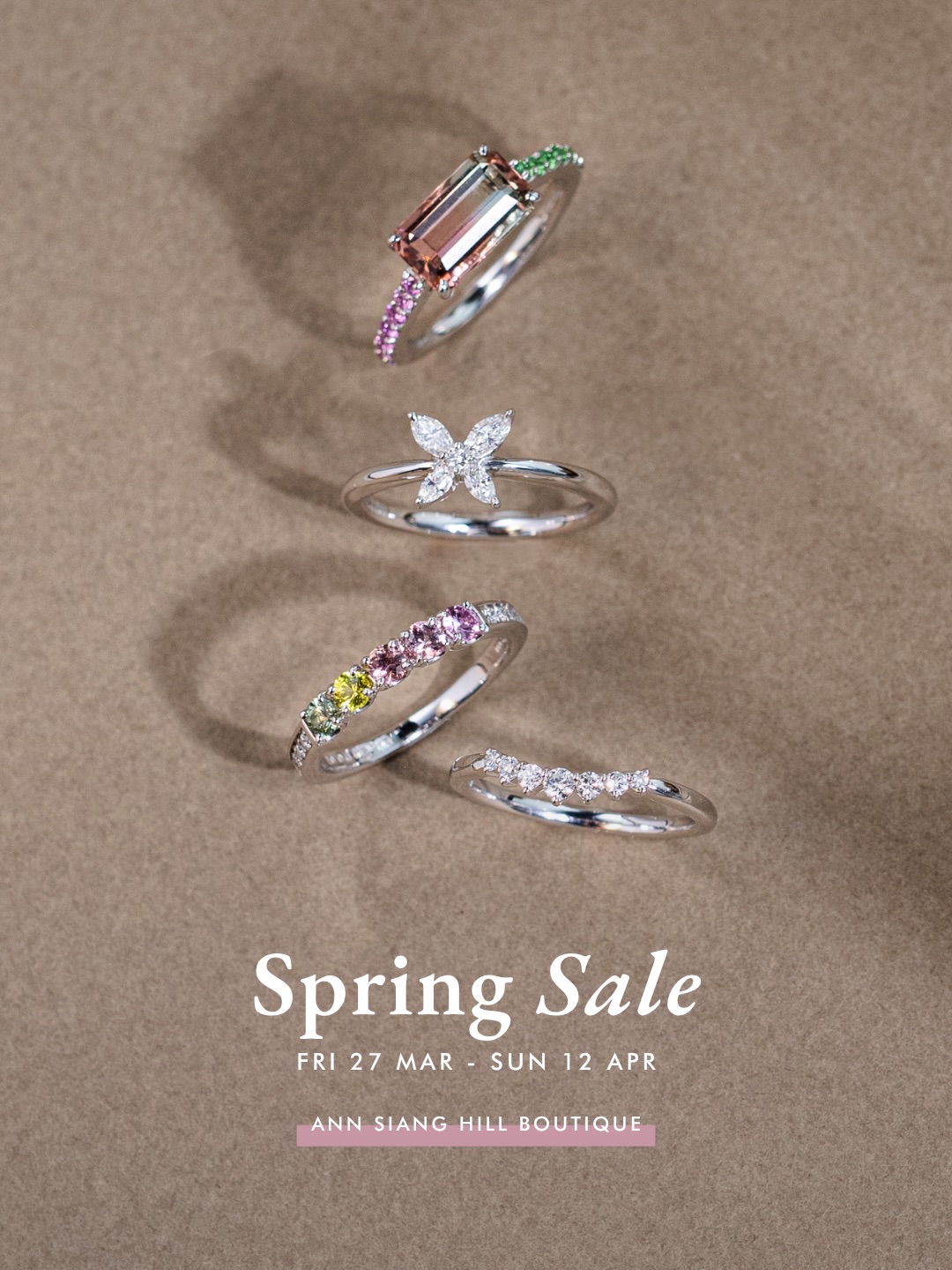 Spring arrives in gentle hues and quiet brilliance.
Celebrate the season with our Spring Sale 2026, from 27 March to 12 April, with up to 15% off retail jewellery at our Ann Siang Hill Boutique.
From pastel sapphires to everyday diamonds, discover pieces to brighten your days this spring.
—
FUJIMORI KAJITA Ann Siang Hill Boutique
4 Ann Siang Hill, Singapore 069786
Tue to Fri: 11 AM - 8 PM
Sat & Sun: 10 AM - 6 PM