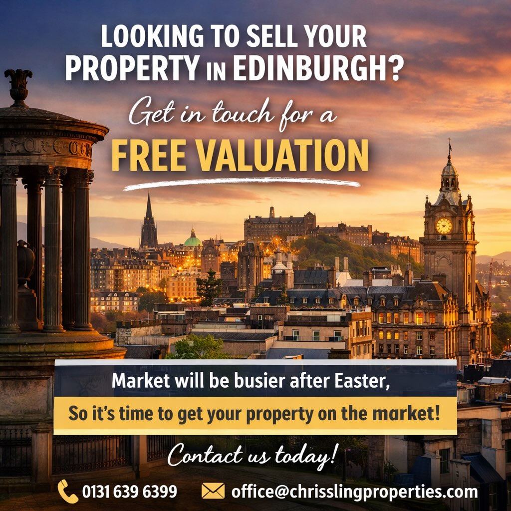 Looking to sell your property in Edinburgh? 🏡
Get in touch today for a free valuation.
With the market expected to pick up after Easter, now is the perfect time to get your property on the market and ahead of the competition.
📞 0131 639 6399
📧 office@chrisslingproperties.com
#EdinburghProperty #PropertyForSale #SellYourHome #EdinburghHomes #PropertyMarket FreeValuation EstateAgent ScottishProperty HomeSelling EdinburghLiving PropertyExperts RealEstateUK SellYourProperty