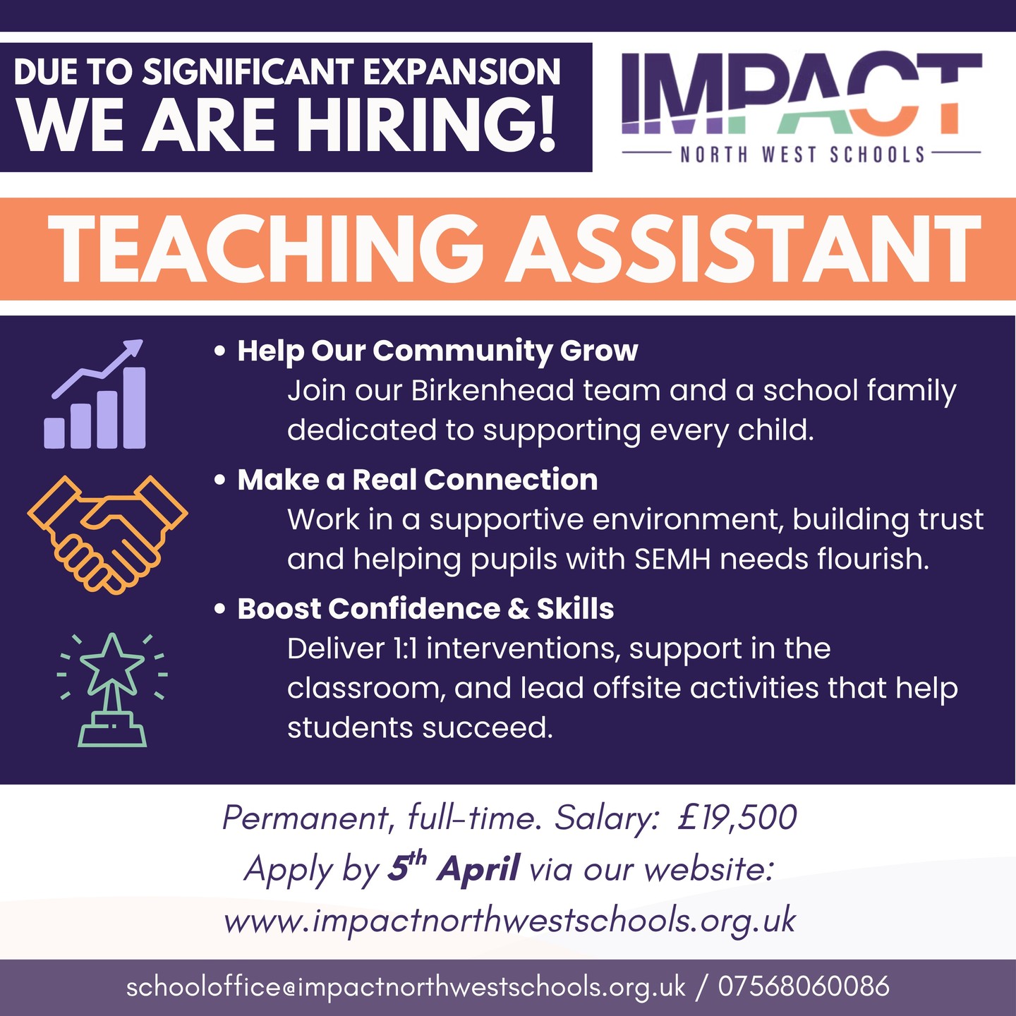Join a team that truly makes a difference in Birkenhead! ๐
Due to our school's exciting expansion, Impact North West Schools is looking for a kind, adaptable, and welcoming Teaching Assistant to join our growing family. ๐ค
We are looking for someone with a heart for supporting children - someone who is flexible, patient, and brings a calm, inviting energy to the classroom every single day. If you love building trusting relationships and helping students with SEMH needs find their confidence, weโd love to meet you!
Salary: ยฃ19,500 (DOE) ๐ฐ
Hours: 8:30am โ 4:00pm (MonโFri) ๐
Location: Birkenhead ๐
Our Status: Ofsted "Good" & IQM Centre of Excellence ๐
Come be part of a supportive environment where your presence is valued and your impact is real.
Apply today via our website:
๐ www.impactnorthwestschools.org.uk
Have a question? Feel free to reach out at schooloffice@impactnorthwestschools.org.uk or call us on 07568060086. ๐