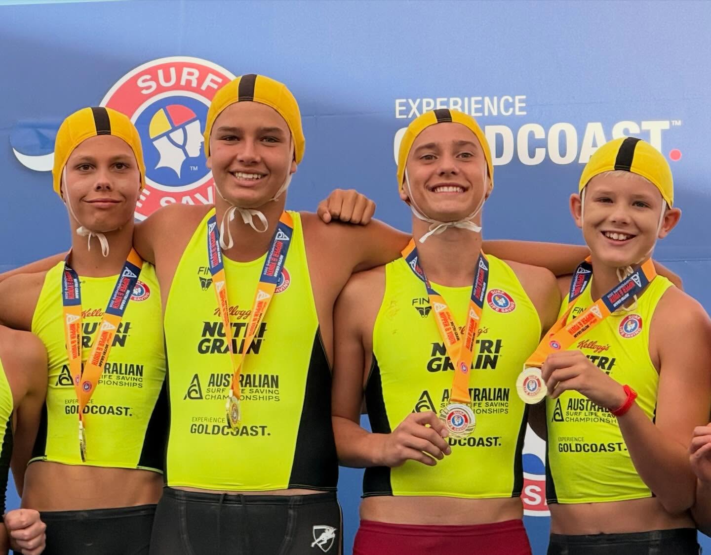 As our Masters take to the water at #aussies26 we are celebrating some outstanding results from our Youth competitors yesterday at North Kirra. The club’s first ever medal in surf teams was a gold for the u/13 boys of Reed Batinovic, Ziggy O’Brien, Leo Dean and Clarry Dougherty. Mostyn Brown won gold in the u/14 beach flags, our first medal in flags since Ginger Moloney in 1966. And a bronze medal for Leo Dean and Clarry Dougherty in the u13 Board Rescue. Our u/13 Cameron relay were just out of the medals in 4th, capping off an incredible 2 days for our small team.
Great work by all involved and a huge thanks to our officials, water safety and team supporters on a fantastic finish to the season.