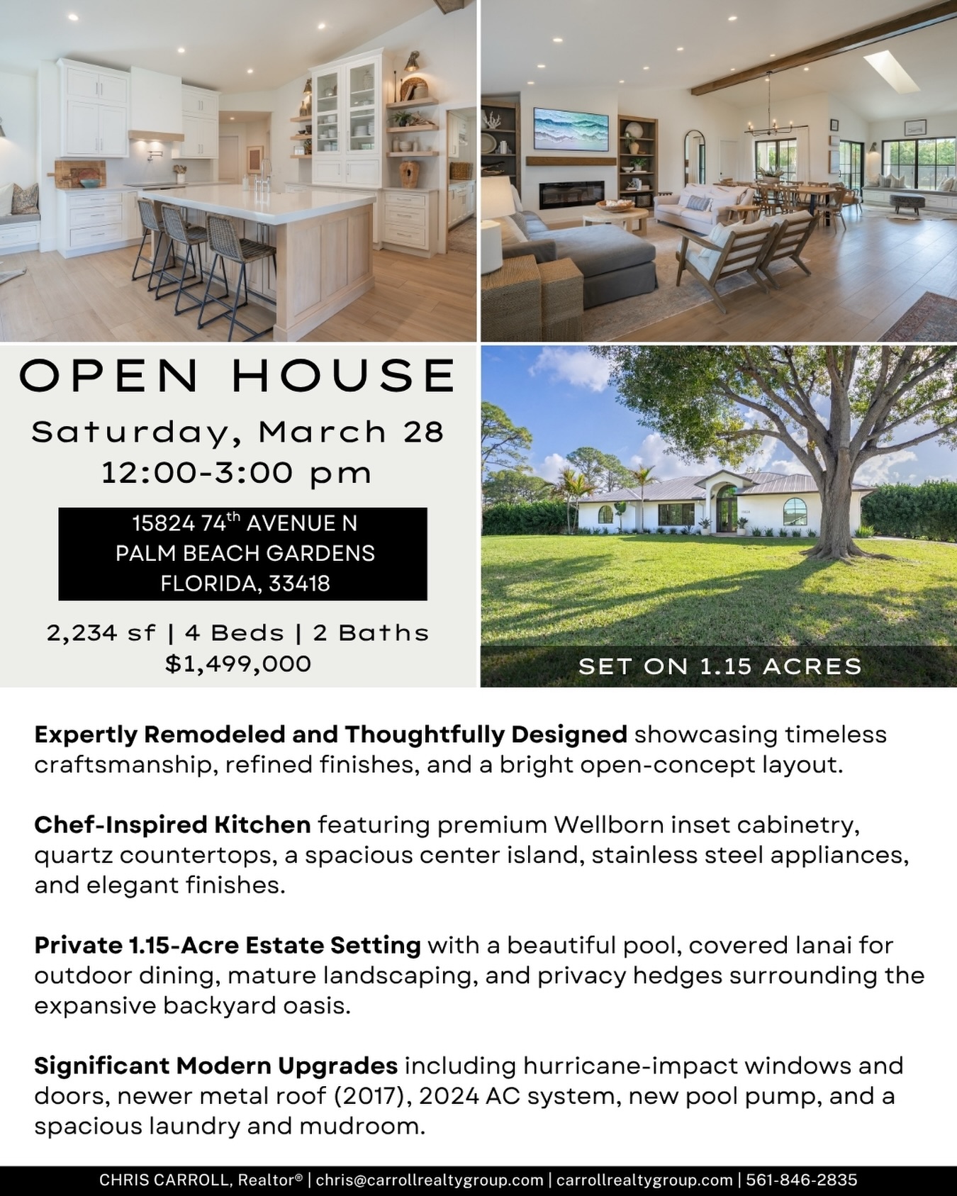 β¨ OPEN HOUSE THIS SATURDAY β¨
1.15 acres. No HOA. Palm Beach Gardens Luxury
Join us March 28 from 12β3 PM at 15824 74th Avenue N - a beautifully renovated 4-bedroom home set on 1.15 acres in Palm Beach Country Estates.
This turnkey home features vaulted wood beam ceilings, a designer kitchen with Wellborn cabinetry + quartz countertops, and a bright open layout made for modern Florida living.
Step outside to your private backyard oasis - resurfaced pool, covered lanai, and plenty of space for entertaining, relaxing, or even storing your boat or RV.
π No HOA | Acreage | Prime Palm Beach Gardens location
Minutes to beaches, golf, and everything South Florida living offers.
π
Saturday 12β3 PM
π² 561-846-2835 | π carrollrealtygroup.com
π Link in bio
#PalmBeachGardensHomes #LuxuryHomesFlorida #PalmBeachCountryEstates #FloridaLuxuryLiving #openhouseflorida