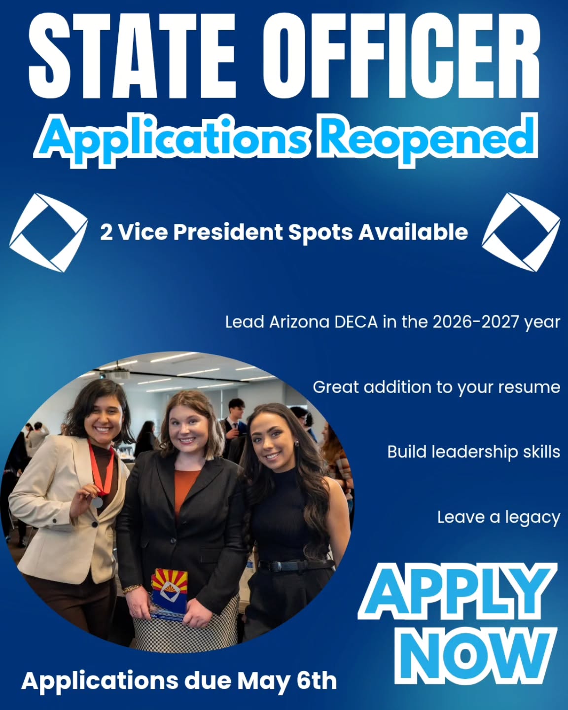 STATE OFFICER APPLICATION REOPENED
Take the next step in your leadership journey and apply for Vice President. Spots are open until May 6th. Dont miss out on this amazing opportunity!
Apply via our linktree or be sure to check your emails for a message soon.