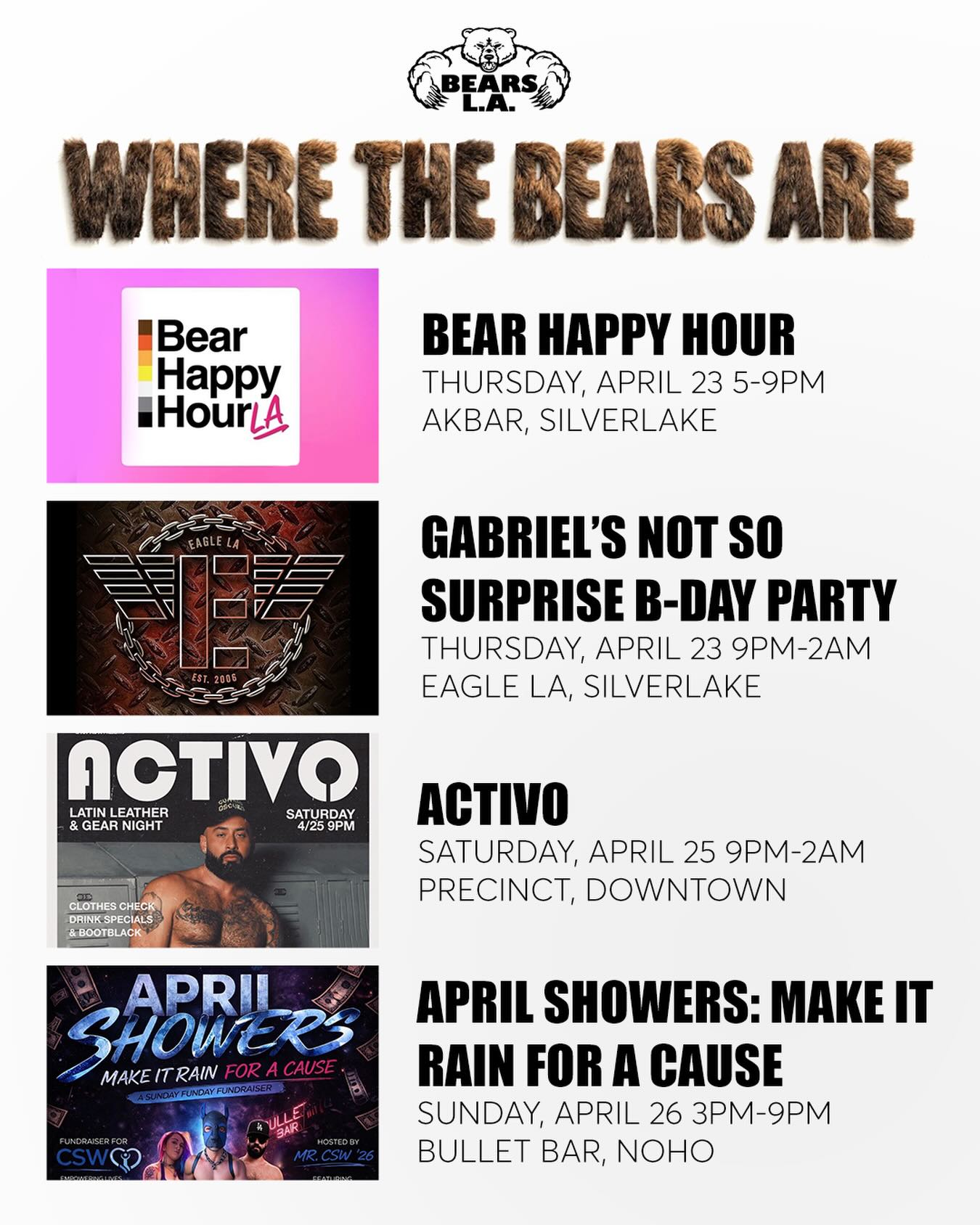 In case you were curious, this is where Bears LA will be this weekend. Join us wherever you can, and if you want to become a member… you know where we’ll be! Come get some hugs and a stiff… drink. 🐻😘🍻