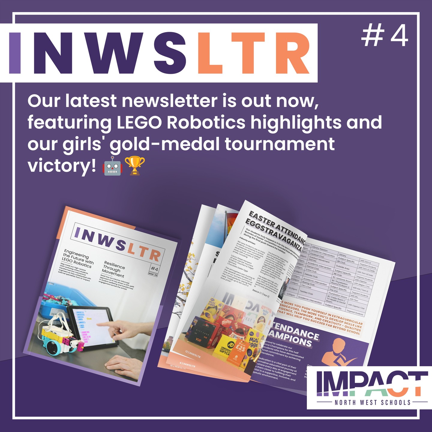 ๐ฐ INWSLTR Issue #4 is OUT NOW!
Step into Spring with the latest edition of our school newsletter! Weโve had an action-packed term full of creativity, engineering, and sporting triumphs.
https://www.impactnorthwestschools.org.uk/post/inwsltr-4
Check out this monthโs highlights:
๐ค LEGO Robotics: Students transformed into mechanical engineers and mastered autonomous programming during a high-octane "Grand Prix" workshop with specialists from hi-impact.
๐ Wellbeing Wins: Our trauma-informed approach to PE and the RISE Up programme has driven a recorded 52% uplift in student wellbeing.
๐ Sporting Success: A massive congratulations to our largest-ever girls' squad for securing gold medals at the regional Mat-Ball tournament!
๐ Everyone Belongs: Our student-led LGBTQ+ club provides a vibrant, safe space for pupils to celebrate diversity and research the history of pride flags.
Read the full issue for upcoming dates, our new AV-1 "telepresence" robot trial, and a delicious Teriyaki Salmon recipe from Christine!