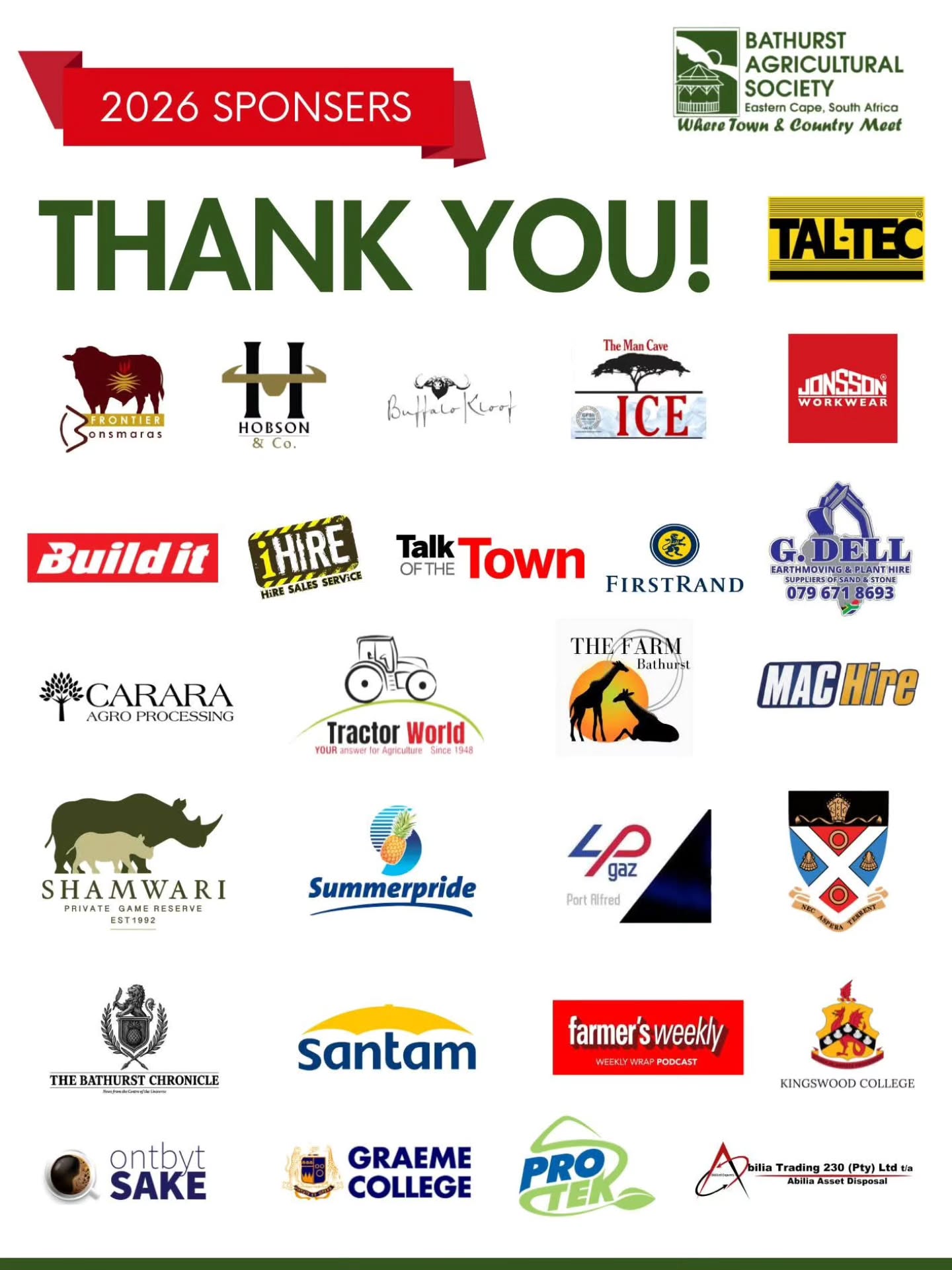 A heartfelt thank you to all of our sponsors for your support of the 2026 Bathurst Agricultural Show.
Events like this rely on community, partnerships, and sponsors, and we are incredibly grateful to each of you for your contribution. Your support helps us bring the show to life, improve the experience each year, and continue building something that serves the wider community.
We value your involvement and look forward to working together again in the future.