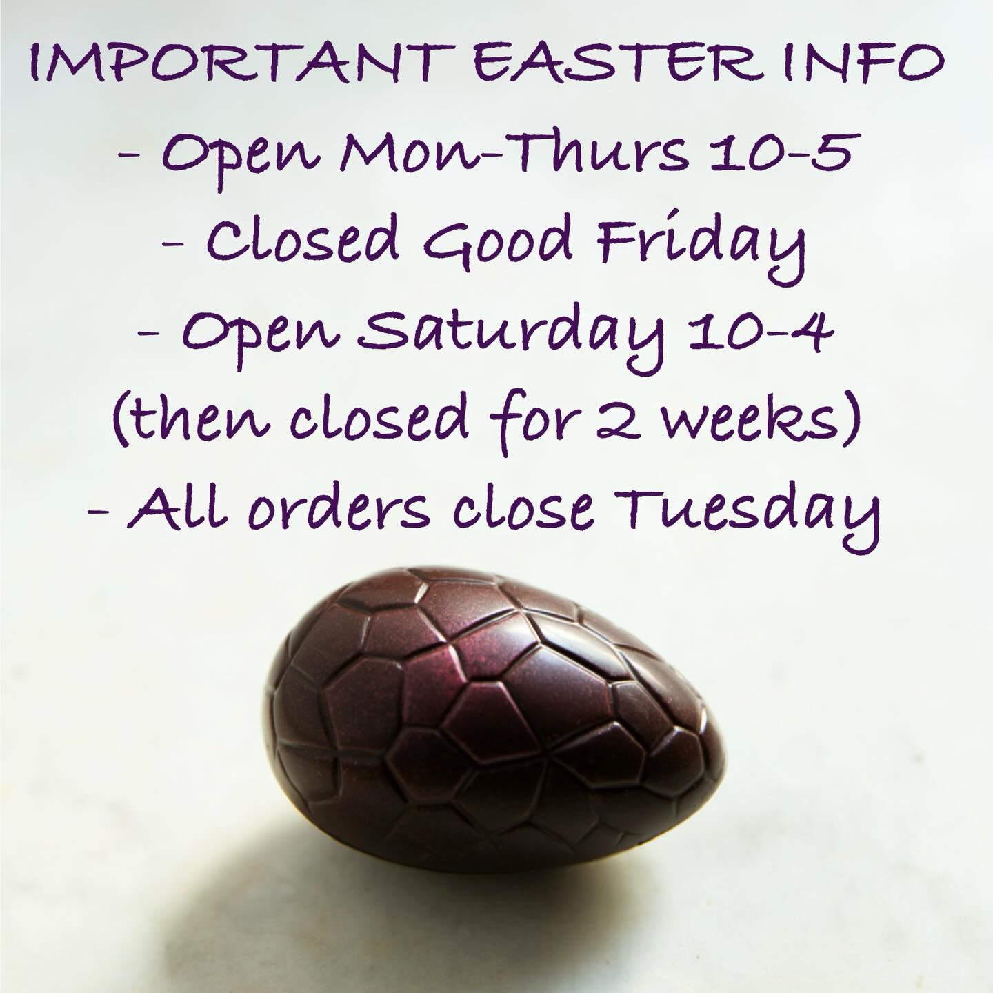 Just a little heads up on the week ahead…
This is our busiest week of the year & have worked really hard to make as much stock as possible but as always we will sell out of certain products as the days go on. The sooner you can get in the better or you still have a couple of days to pre-order online… this is the only way to guarantee you will get exactly what you want. Fresh truffles will come out daily and we will do our best to keep on top of products. Thanks to everyone who has supported us so far and looking forward to seeing the rest of you soon.