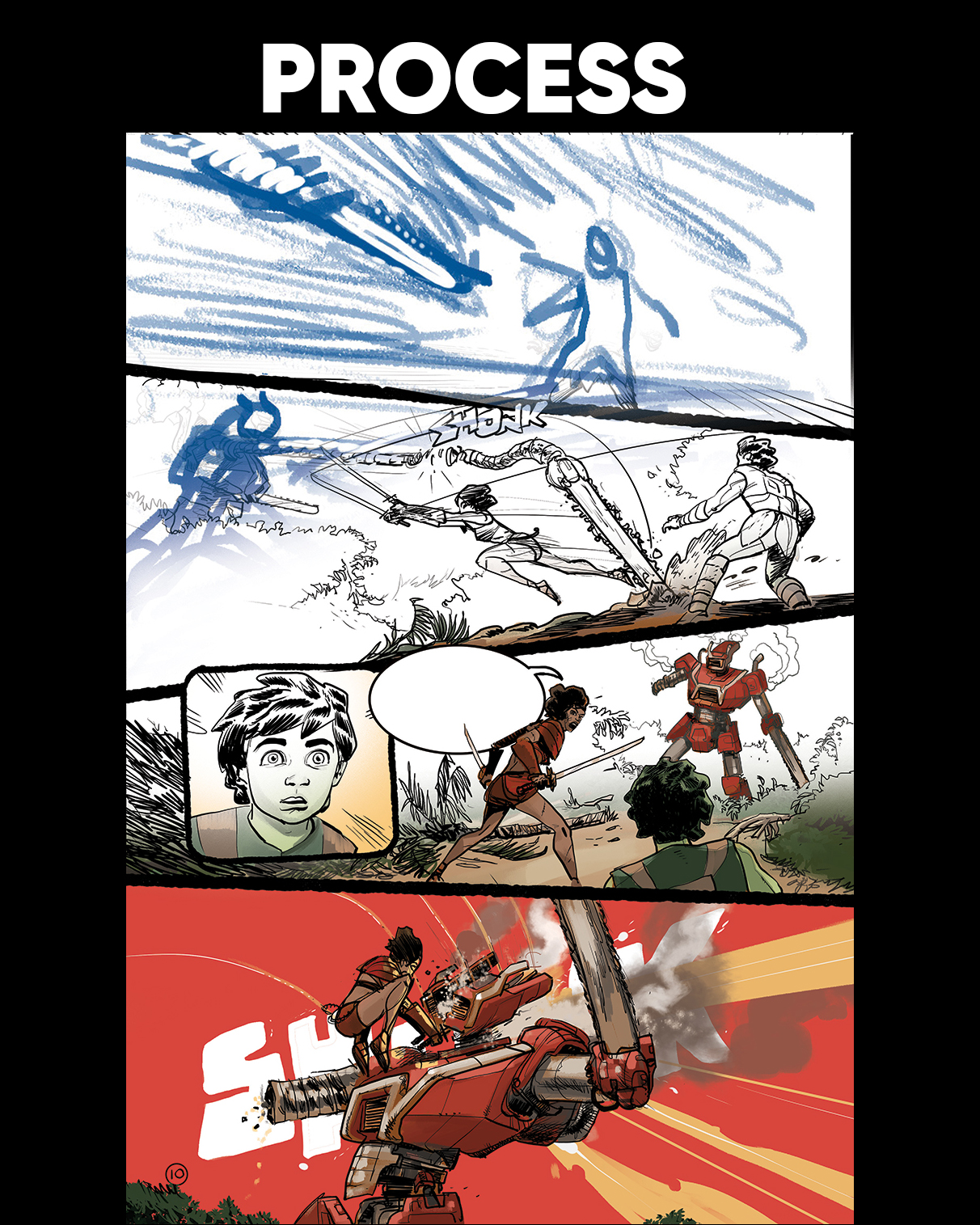 A process example of how I approach a comic page from rough ROUGH thumbnail layouts to finished color. Note the choices I make as I refine the artwork going from inks to color. From the MANGOSA THURA issue I did at the STUDIO NYC.
#comicprocess #comicpage #comics #manga #mangosathura #thestudionyc #drawing #mechs