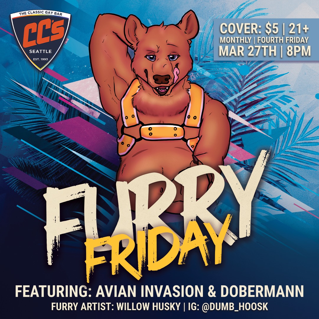 Grab your fursuit/murrsuit/onesie, pup hoods, ears, tails, and/or gear. Get your tail-wag on and enjoy some boops, tummy rubs, scritches, and nuzzles.
Furry Friday is an anthropomorphic-focused night about Fursona expression. Expect a night with great music by local DJs, DJ lighting, drinks, dancing, and socializing.
Five Slightly Furry Ciders on tap: Witches' Tree (Cherry), Leg Up! (Ginger), Pineapp-Owl (Pineapple), and Snepberry (Cranberry - Limited Edition).
$5 Cover: Cash or Card at the door.
FURRY ARTIST: Willow Husky | IG: @DUMB_HOOSK