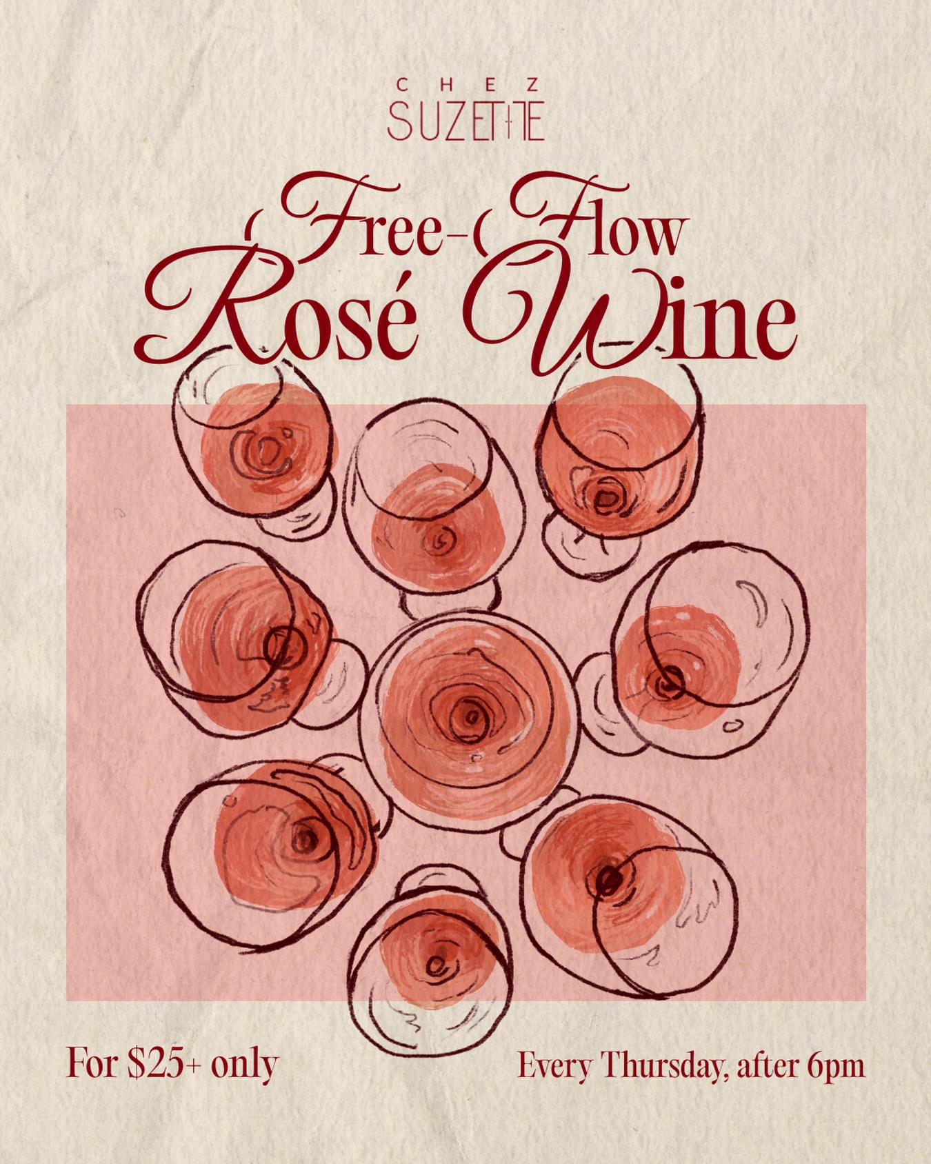 Free flow rosé, for 90 minutes, $25+ every Thursday after 6pm. Because the best weekends start on Thursdays, book now via link in bio.