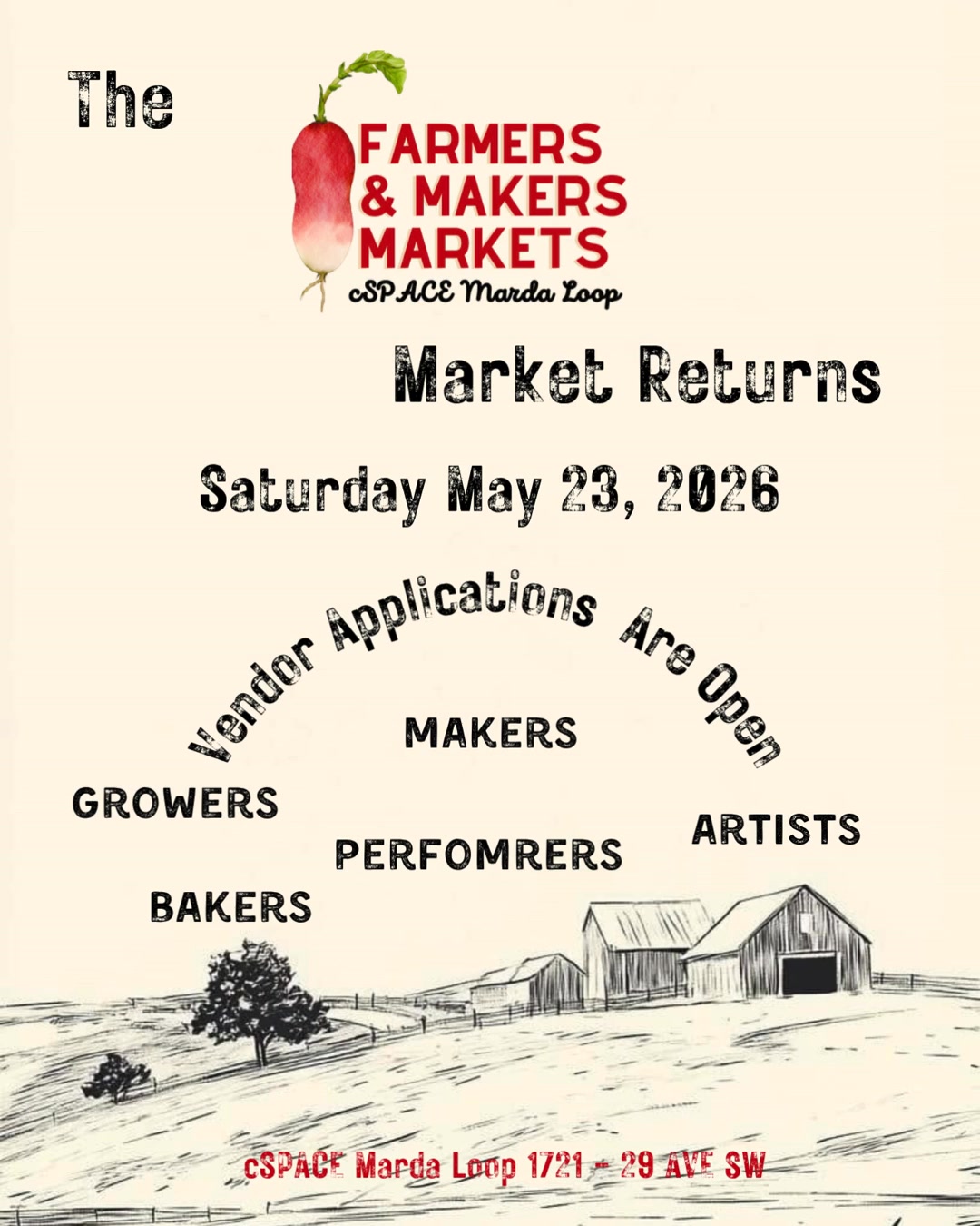 May 23, 2026 @ 10am the Farmers' & Makers Market returns to the Art Park at cSPACE Marda Loop and will be hosted there every Saturday from 10am til 2pm - Market your calendars.
Vendor applications are now open and all are encouraged to apply 😎
Sarina Builds Stage 🎶 Performer applications will open on April 06, 2026 (check out cSPACE website for more information)
There is lots to get excited about this year as we will be welcoming both some returning vendors and some new vendors alike and with all the other exciting stuff happening at cSPACE it is going to be a great year.
#cspaceprojects #farmersmakersmarket #yyc #mardaloopyyc #yycmarkets #mardaloop #YYC #buylocalalberta #yycfarmersmarket
@cspace.mardaloop