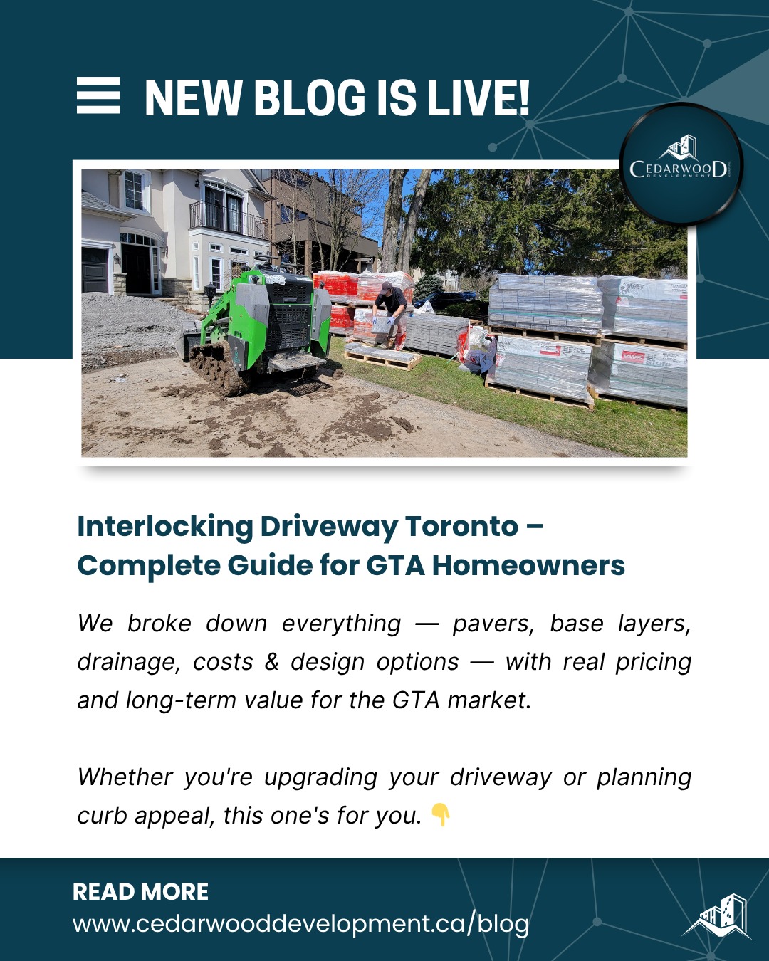 🚨 NEW BLOG IS LIVE — and your driveway will never look the same.
We broke down EVERYTHING GTA homeowners need to know about Interlocking Driveways in Toronto:
✅ Real costs ($15–$50/sq ft)
✅ How it holds up through Canadian winters
✅ Interlocking vs Asphalt vs Concrete
✅ Our full installation process
✅ FAQs answered by our team
Your driveway is the first impression your home makes. Make it count. ✦
With 1,000+ completed projects and a reputation built on quality — Cedarwood Development Group Inc. brings craftsmanship to every square foot across Toronto & the GTA.
If your driveway is cracked, fading, or just outdated — this is your sign to upgrade.
👉 Read the full guide — link in bio.
📞 (437) 477-7366
📧 info@cedarwooddevelopment.ca
🌐 cedarwooddevelopment.ca
📍 88 Queens Quay W, 25th Floor, Toronto, ON
📍 Serving Toronto, Markham, Vaughan, Richmond Hill & all of GTA
—
#InterlockingDriveway #InterlockingToronto #DrivewayToronto #InterlockingGTA #LuxuryDriveway #CurbAppealToronto #PremiumHardscaping #HardscapingToronto #TorontoContractor #GTAContractor #CedarwoodDevelopment #TorontoLuxuryHomes #PaversToronto #LandscapingToronto #HomeRenovationToronto #MarkhamContractor #VaughanHomes #RichmondHillHomes #TorontoRealEstate #LuxuryExteriors
