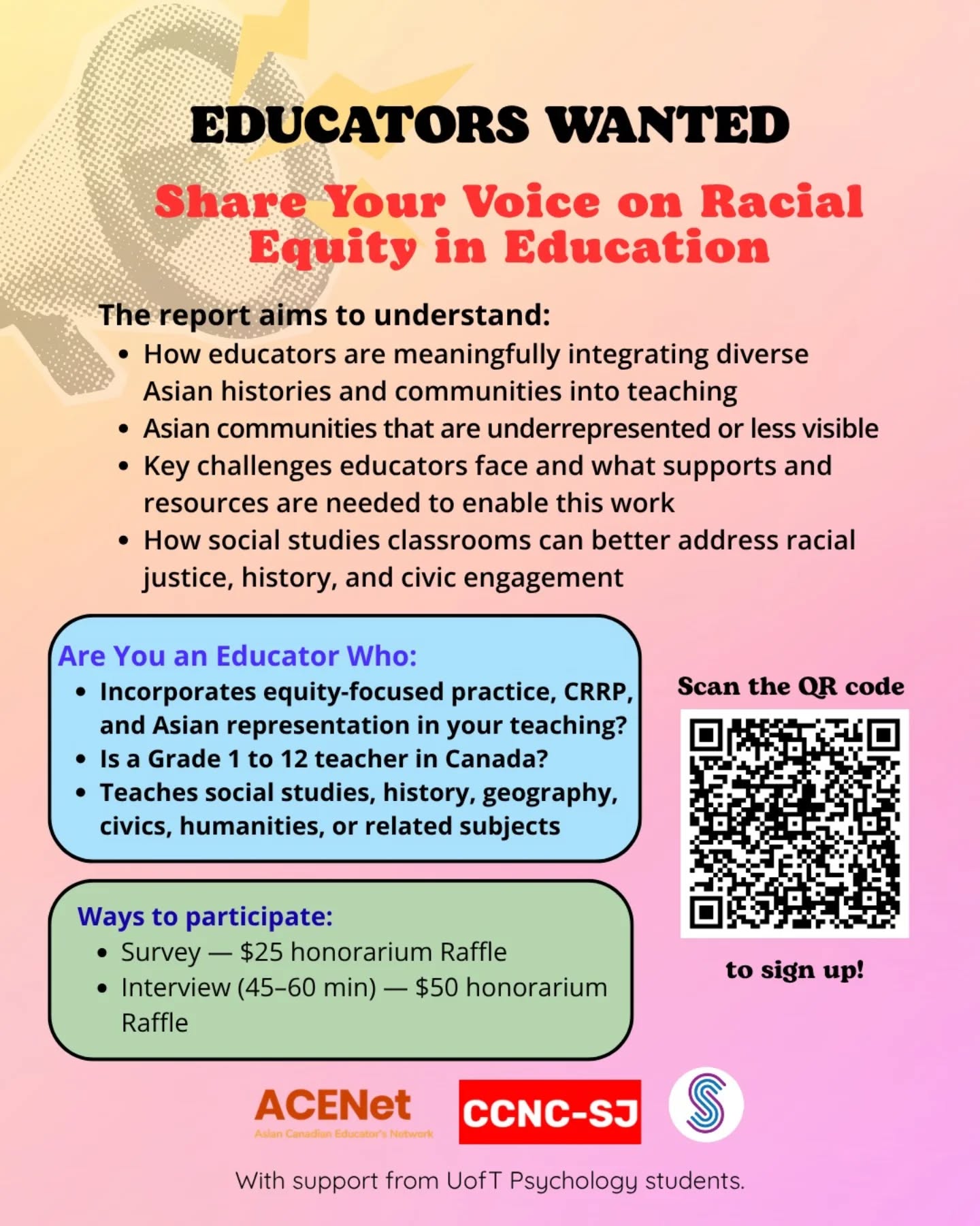 📣 EDUCATORS WANTED: SHARE YOUR VOICE ON RACIAL EQUITY IN EDUCATION! 📣
ACENet, CCNC-SJ, and SSENC are seeking Gr 1 to 12 educators in Canada to participate in a research project on racial equity in education Asian Canadian experiences in schools, social studies, anti-racism, and civic engagement. Participate in our research by taking our survey or interview and help shape a research report on racial equity in education.
Interested in participating? Find out more in the link in our bio!