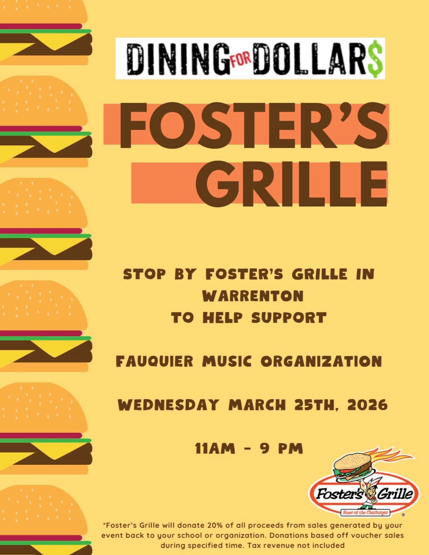Eat at Foster’s Grille tonight and a portion of the proceeds will go to Fauquier Music! Make to sure to mention us at checkout.