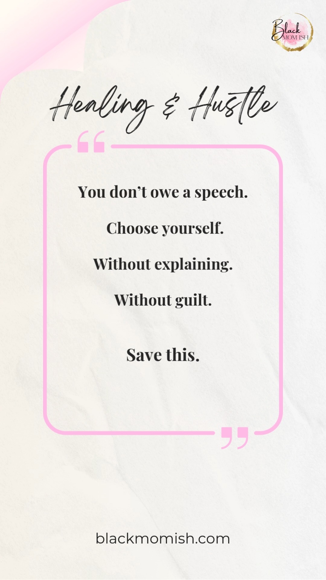 You can love people and still choose yourself.
You can be respectful and still be done.
This week, practice saying less.
No long explanations. No defending your boundaries. No guilt.
What’s one thing you’re choosing yourself about this week?
Drop one word.
#BlackMomIsh #HealingAndHustle #BlackMoms #BlackWomenHealing #ProtectYourPeace #BoundariesAreBeautiful #SoftLife #SelfRespect #EmotionalWellness #GentleStrength #Unlearning #HealingJourney