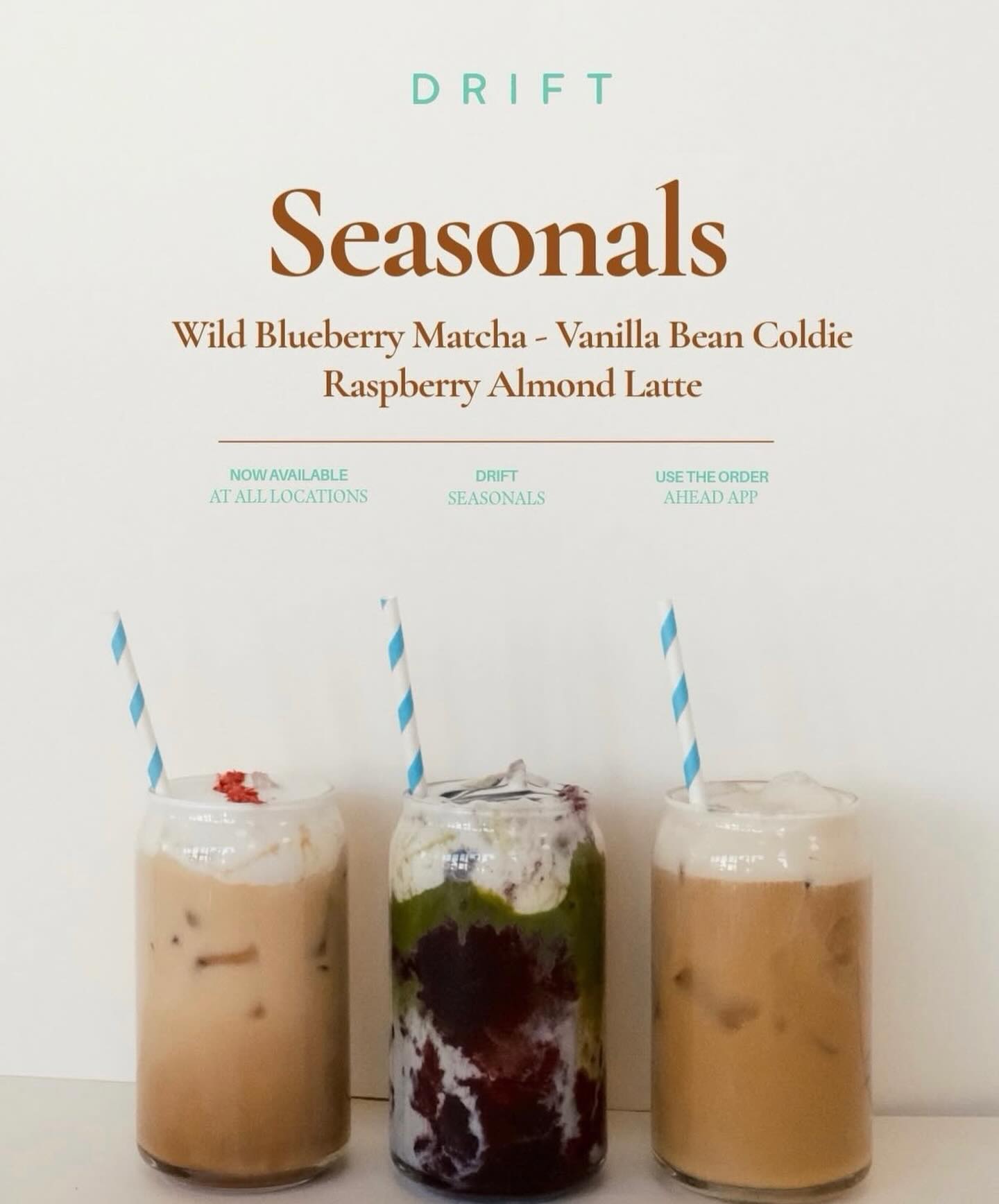 Spring flavors have arrived at @driftcoffee.kitchen! Which one are you trying first?
• Wild blueberry matcha
• Raspberry almond latte
• Vanilla bean flat white + coldie