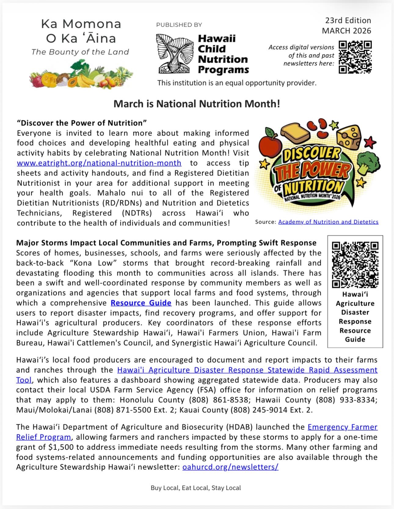 🌱✨ Growing a healthier Hawaiʻi, together ✨🌱
From classrooms to communities, keiki across Oʻahu, Hawaiʻi Island, and Maui are getting hands-on with hydroponics 🌿💧—learning how to grow fresh, nutritious food while building a deeper connection to what nourishes us.
At schools like Mililani High and Waipahu High, students are cultivating vibrant veggies 🥬🍅 and sharing their knowledge—reminding us that the future of food starts with education, curiosity, and care.
🌍 This March, we celebrated National Nutrition Month—a time to discover the power of making informed food choices and building healthy habits for life.
🤝 Even in the face of recent storms, our local farmers and communities have come together—demonstrating resilience, collaboration, and a deep commitment to Hawaiʻi’s food systems.
🌺 And through gatherings like the We Grow Hawaiʻi Youth Food Summit, our youth are stepping up—learning, leading, and shaping a more sustainable future rooted in ʻike (knowledge) and kuleana (responsibility).
💚 Support local. Grow local. Eat local.
Because when we nourish our land, we nourish our people.
#EatPono #BuyLocalEatLocal #FoodIsMedicine #FarmToSchool #WeGrowHawaii 🌈