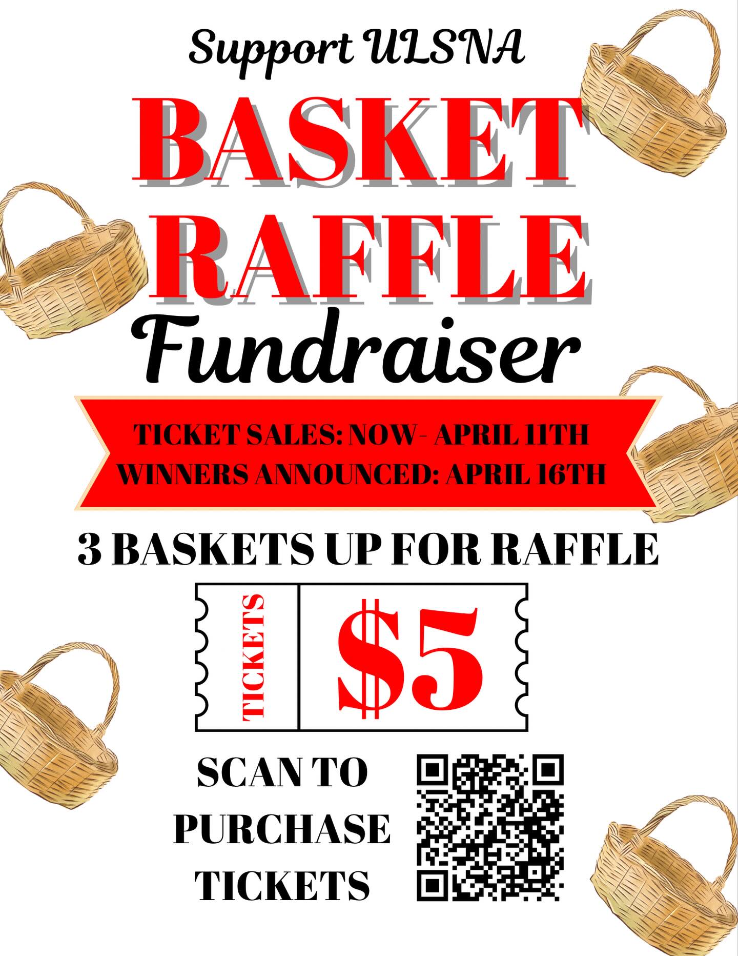 🎉✨ IT’S RAFFLE TIME ✨🎉
ULSNA is giving you 3 chances to WIN BIG while supporting future nurses 💉📚
🧺 3 Baskets
🏆 3 Winners
All for just $5 per ticket!
Ticket Sales: Now – April 11
Winners Announced: April 16
Whether you’re feeling lucky or just want to support a great cause, this is your sign to ENTER.
🎟 Don’t wait — sales close April 11!
📲 Scan the QR code or visit the link in bio to purchase.
Proceeds support ULSNA programs, events, and student initiatives 🤍