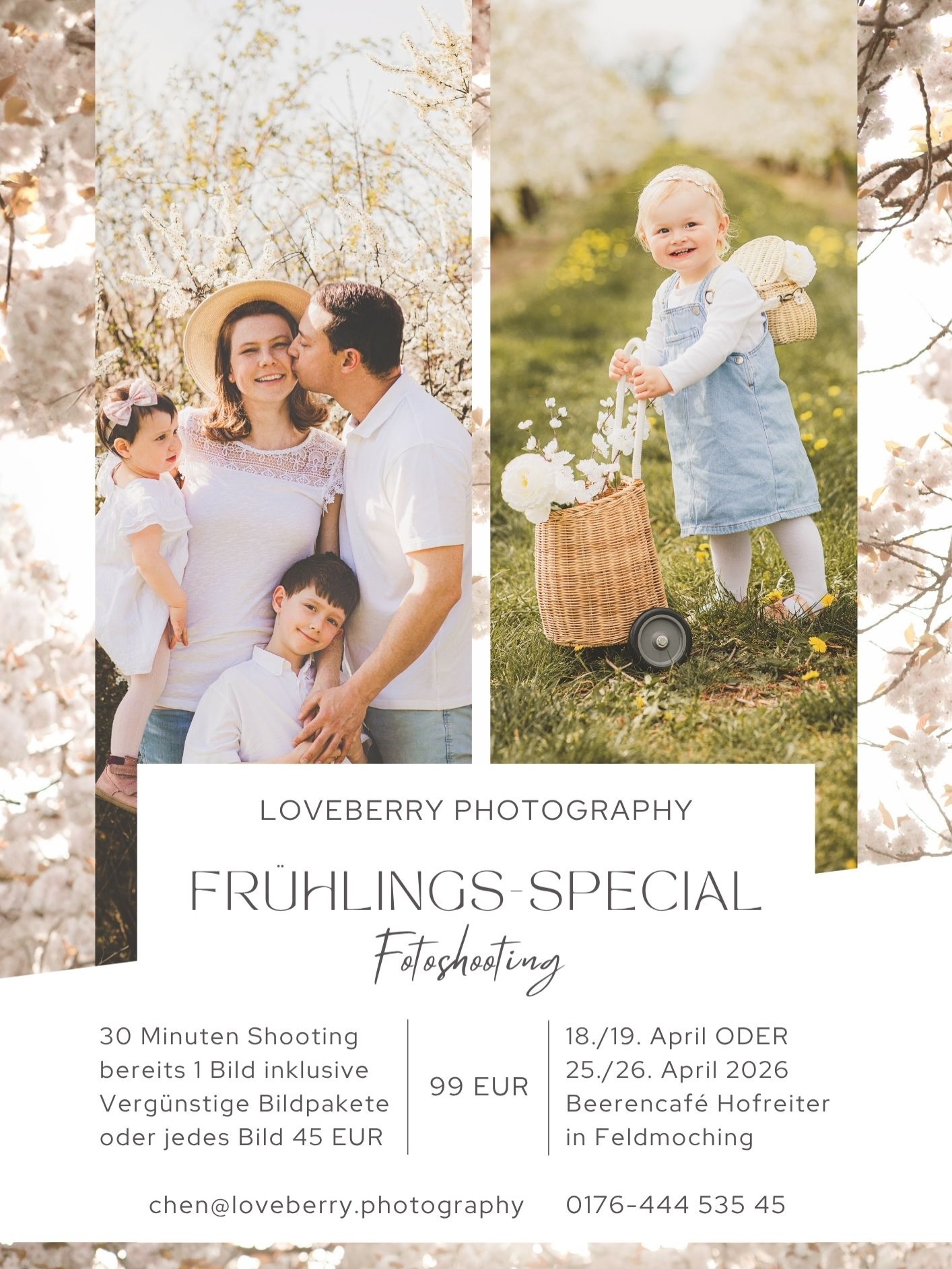 🌸🍒 Frühlings-SPECIAL – Termine sind nun ONLINE! 📸✨
Bereits zum 3ten Mal in Folge habe ich die besondere Möglichkeit, auf dem Kirschbaumfeld im Hofreiter Beerencafé in Feldmoching zu fotografieren. Wir haben das Gelände ganz für uns – ohne Publikumsverkehr und ohne neugierige Blicke. Ein Fotoshooting unter herrlich weiß blühenden Kirschbäumen. 🌸
DATUM 🗓️
18./19. April oder 25./26. April 2026, je nach Blütezeit und Wetter
LOCATION📍
Kirschbaum-Plantage des Hofreiter Beerencafés in Feldmoching. Abhängig von der Blüte kann das Shooting alternativ auch an einer Ausweich-Location im Münchner Osten stattfinden, wo andere Kirschbaumsorten blühen (pink-weiße Blüten).
🌿📷 Es gibt nur noch wenige freie Plätze, also wenn ihr eure Familie oder euren Babybauch in der wunderschönen Frühlingskulisse festhalten wollt, meldet euch schnell! 💕
Den Link zur ANMELDUNG findest du 👉 in meiner Bio!
Ich freue mich sehr auf euch! 🌸📷
Eure Chen 🥰
📱0176-444 535 45
💌 chen@loveberry.photography
www.loveberry.photography
#frühlingsshooting #kirschblütenmünchen #fotoshootingmünchen #familienfotosmünchen #familienshootingmünchen