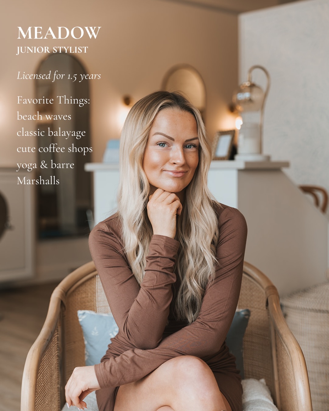 Meet Meadow ✨ After almost a year of training under our top stylists, Meadow is officially a Junior Stylist and Colorist and is taking her own clients on Mondays & Tuesdays! She loves sun-kissed colors with beachy finishes (and p.s. she gives the best shampoo.) Before work you can find her grabbing an iced matcha, and after work she’s definitely browsing the aisles at Marshalls!
Meadow is currently offering amazing introductory prices so lock your Spring appointments in now. Especially her 5 blowouts for $150 package!!! Click the link in our bio to book 🩵 @meadowohair