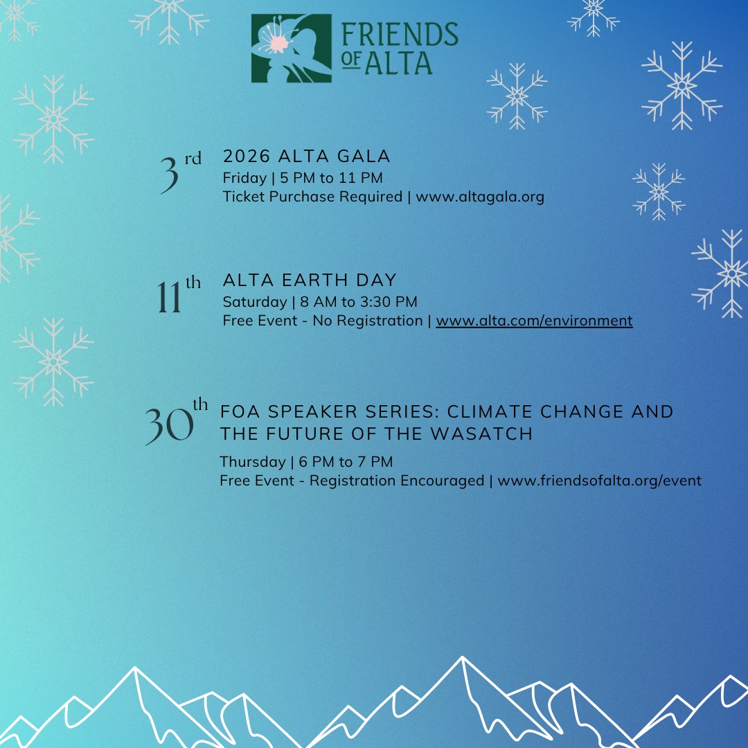 ❄ April 2026 events! Join us for these fun events all month long.
Link in bio for registration links or www.friendsofalta.org/event
💃 April 4, 2026 - Alta Gala
🌍 April 11, 2026 - Alta Earth Day
🎙 April 30, 2026 - FOA Speaker Series: Climate Change and The Future of the Wasatch