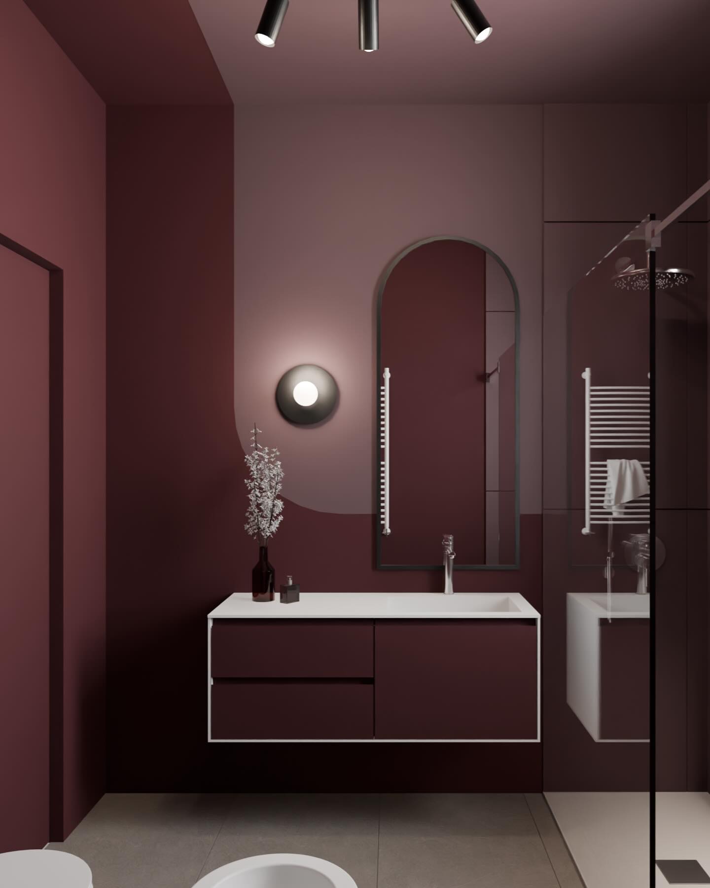 Casa AM7 – ipotesi di progetto bagni ✨
Proseguiamo il racconto del progetto concentrandoci sullo studio cromatico dei bagni.
Per il primo bagno finestrato abbiamo scelto una base bordeaux, successivamente arricchita dall’inserimento di una tonalità piombo, per un risultato più profondo e sofisticato (che vedrete nelle foto finali 🤭).
Nel bagno en suite, invece, siamo partiti da un rosso più intenso, inizialmente abbinato all’azzurro pastello della zona giorno. Anche qui, però, la palette si è evoluta verso un blu più profondo, in continuità con le scelte fatte negli altri ambienti.
Per valorizzare la luce naturale in questo spazio, abbiamo successivamente introdotto un vetro fisso satinato affacciato sulla camera matrimoniale.
Nelle storie in evidenza trovate qualche spoiler del progetto realizzato!
•
•
•
#interiordesign #architecture #color