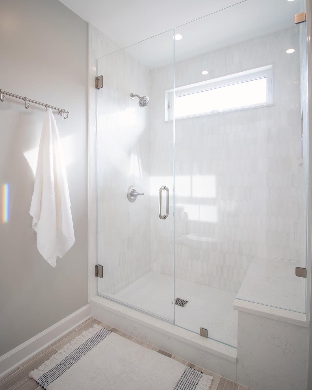Hope everyone had a happy thanksgiving! 😊 This project is like 95% done, can’t wait to show you the rest! .
.
.
#bathroomremodel #marbleshower #thetileshop #legnotiles #pennytile #pickettile #glassshower #lightandbright #graywall #masterbathroom #remodel #quartz #deltashowervalve #showerwindow #housetohome #interiordesign #interiordesignlovers #designsponge #showercurb #interior_and_living #flooranddecor